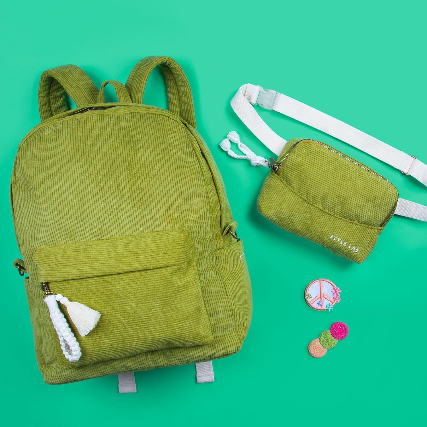 Fashion Angels Style.Lab Backpack for Kids, Corduroy Travel Bookbag with Matching Belt Bag, Cute & Stylish Design, Ideal for Girls & Boys in School, Green