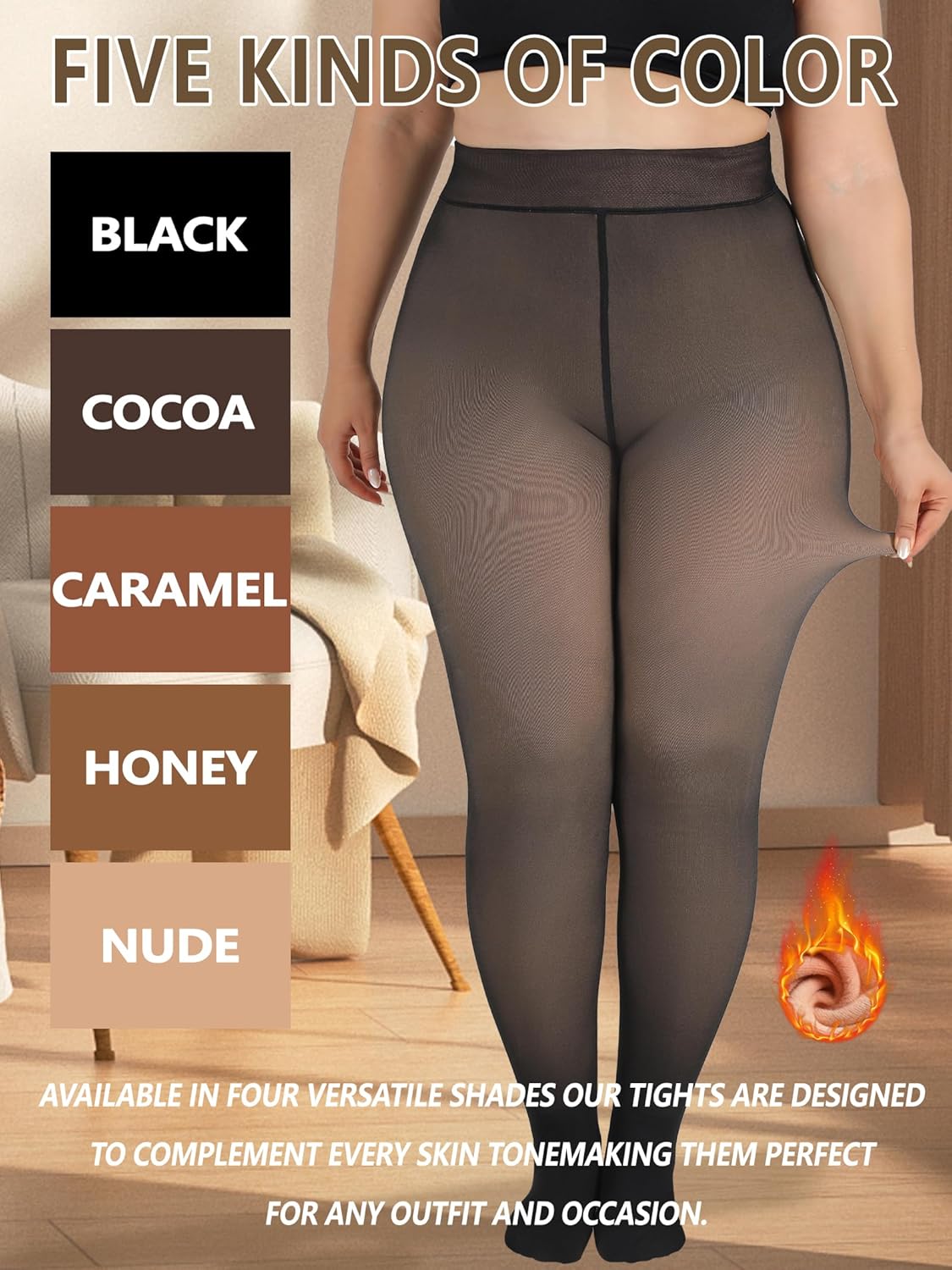 Plus Size Fleece Lined Tights for Women, Winter Fake Translucent Warm Pantyhose - Image 6