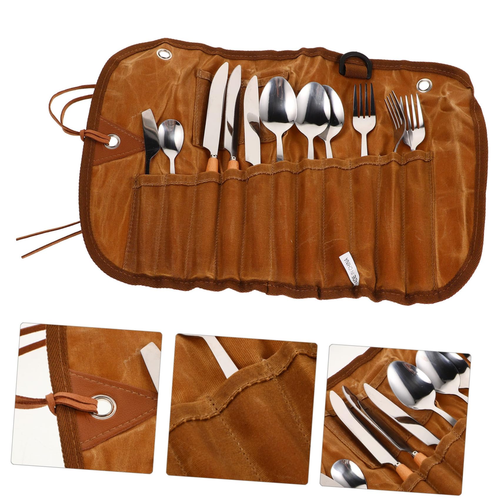 Set di Posate da Viaggio in Acciaio Inox, Marrone | Borsa Contenitore, Include Cucchiai e Forchette, per Picnic All’aperto e Spostamenti