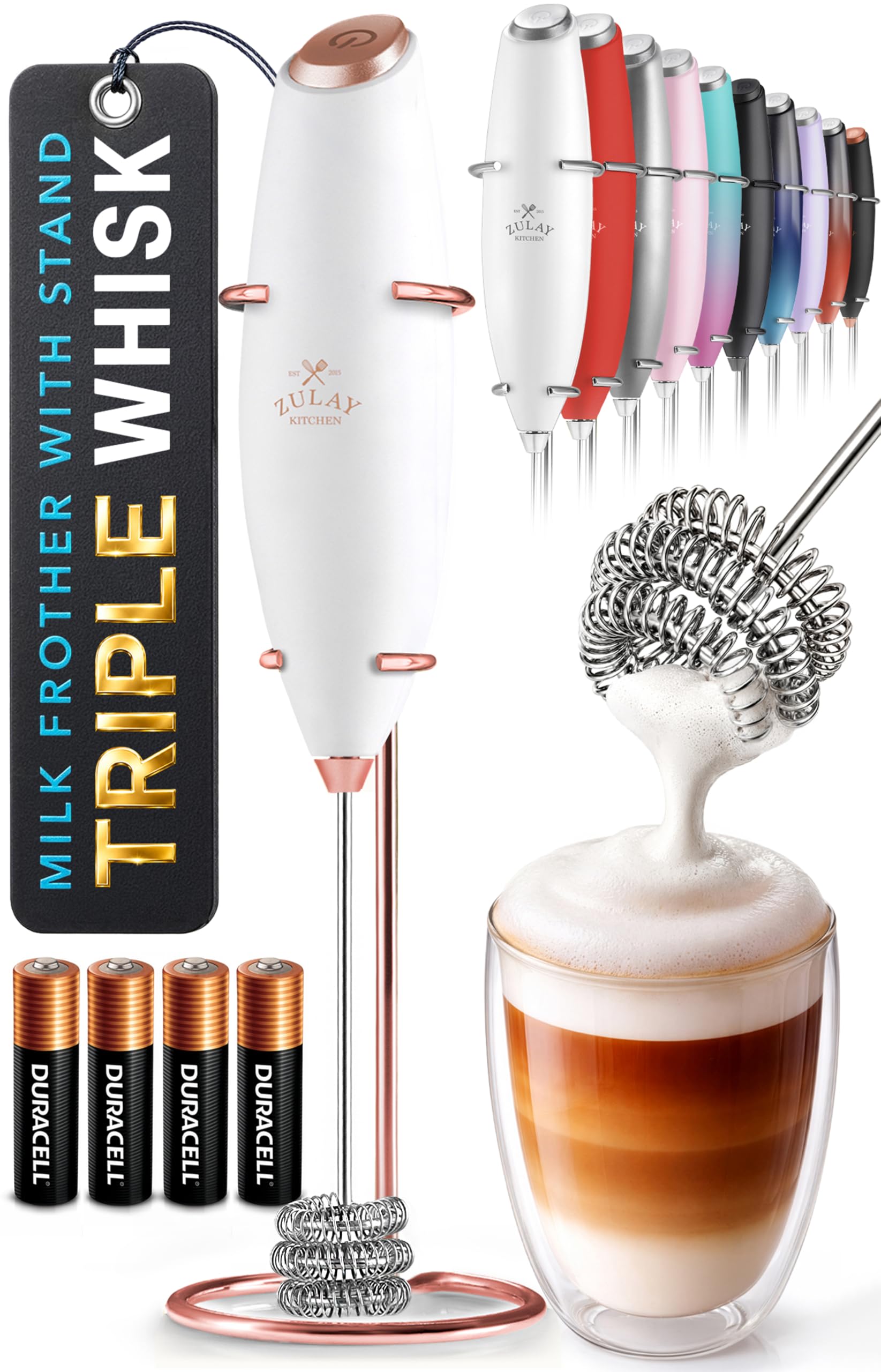 Zulay Kitchen Powerful Milk Frother Wand With Duracell Batteries - Ultra Fast Handheld Drink Mixer - Electric Whisk Foam Maker for Coffee, Lattes, Cappuccino &amp; Matcha - Triple Whisk - Black
