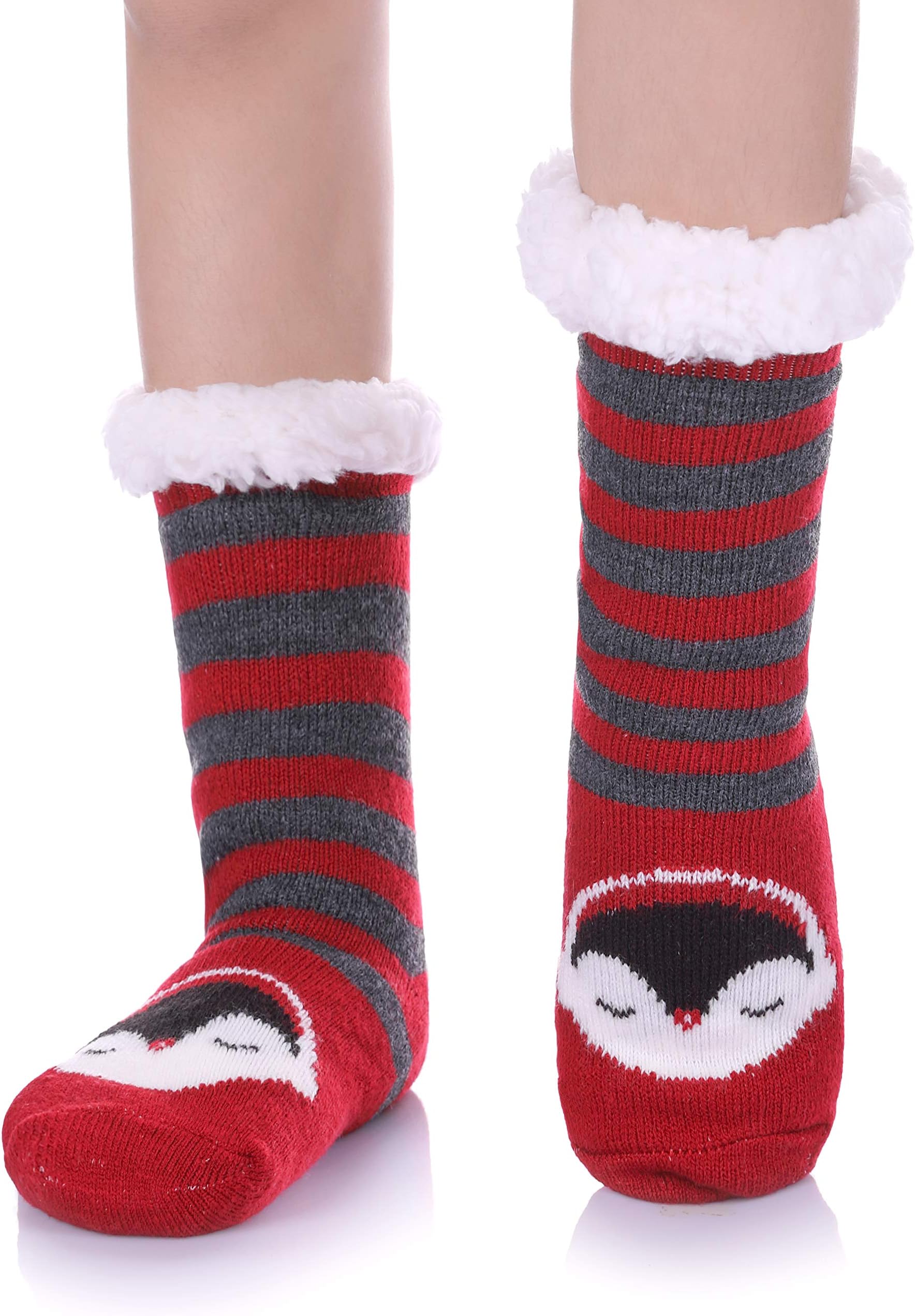 FNOVCO Boys Girls Slipper Socks Fuzzy Soft Warm Fleece lined Kids Toddler Winter Socks for Christmas (3-4 Years, Red Penguin)