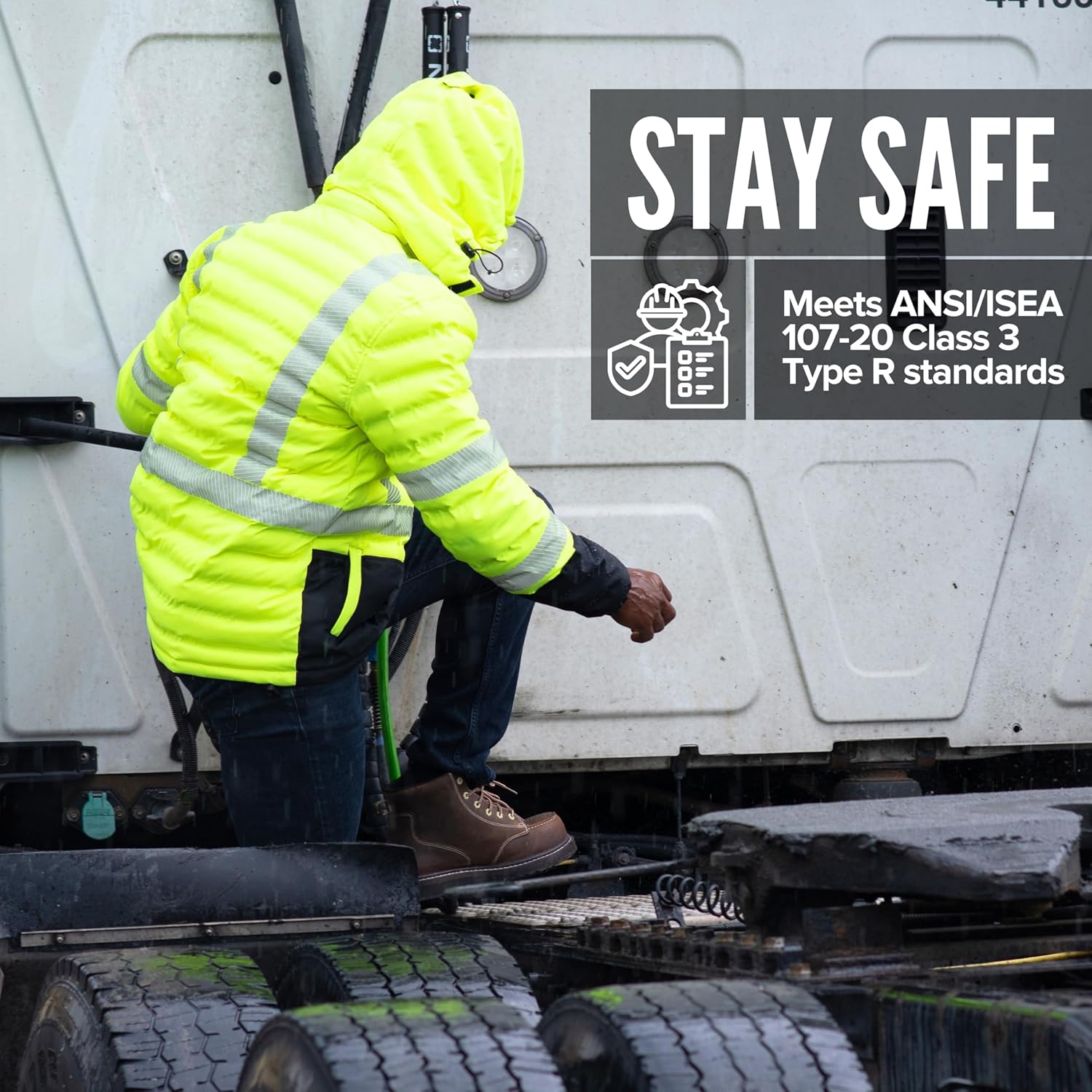 Pioneer Hi Vis Seamless Puffer Jacket for Men - High Visibility Waterproof Winter Parka - ANSI Class 3 - Image 4