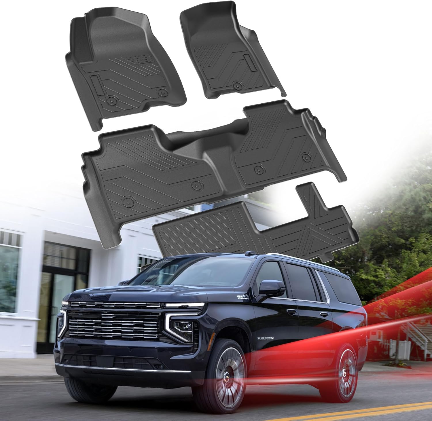 Carbon Fiber Floor Mats for Chevy Suburban 2021 2022 2023 2024/GMC Yukon XL 8 Seats, All Weather TPE Car Liners Accessories, Front 2nd& 3rd Row, Waterproof, Anti-Skid, Raised High Edge