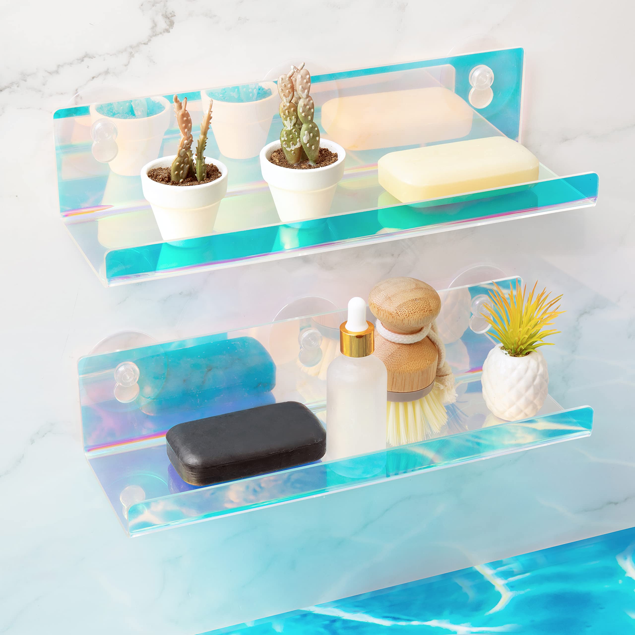 Lunar Sol Iridescent Window Shelf for Plants, 2 Acrylic Window Mounted Shelves, Plant Window Shelf for Bathroom, Shower & Kitchen, Rainbow Iridescent Decor Modern Acrylic Suction Cup Plant Shelf