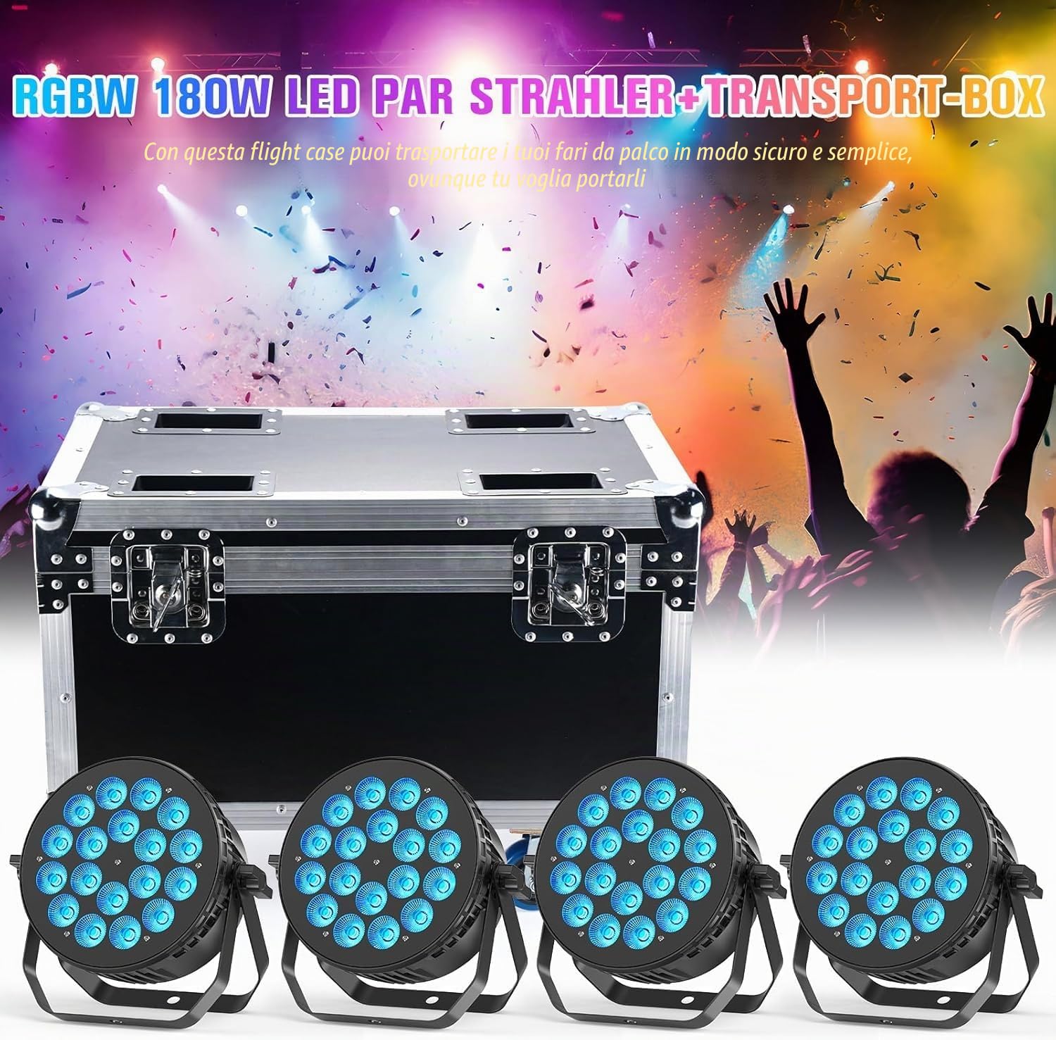 Flightcase per 180W Par LED, 62,5 x 41 x 45,5 cm, 15,3 KG, Valigetta di trasporto con Ruote e Maniglia Retrattile per un Facile Trasporto per Luci Par da Palco