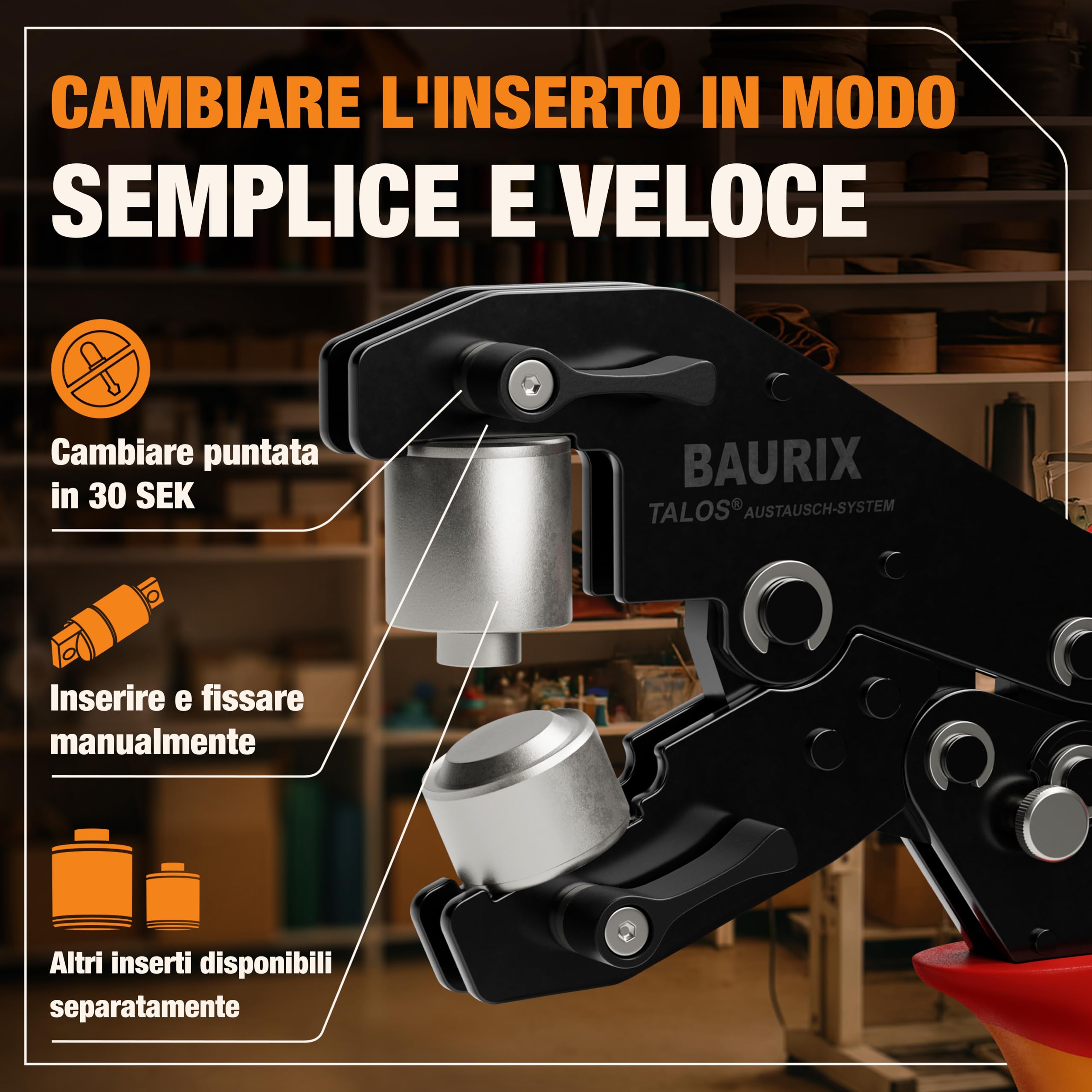 BAURIX Pinza Occhielli con 200 Occhielli Ø10 mm per Telo Stoffa Pelle Tessuti Autopunzante Senza Foro TALOS