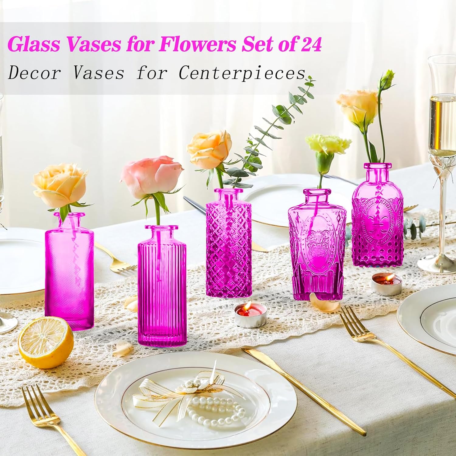 Glass Bud Vases Set of 24, Purple Vintage Small Vases for Flowers, Mini Glasses in Bulk, Small Flower Design for Centerpieces Wedding Decorations Home Flower Party Decor - Image 5