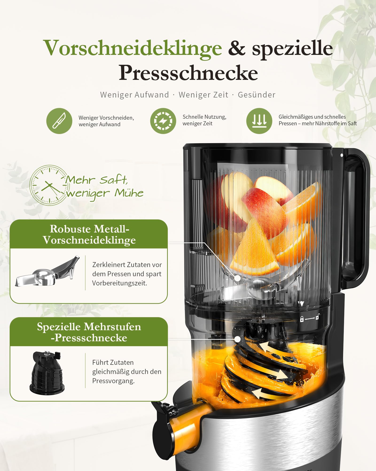 Slow Juicer Entsafter BPA-frei Tritan 130 mm Einfüllöffnung 1,5 L Kaltpress-Saftpresse 220 W