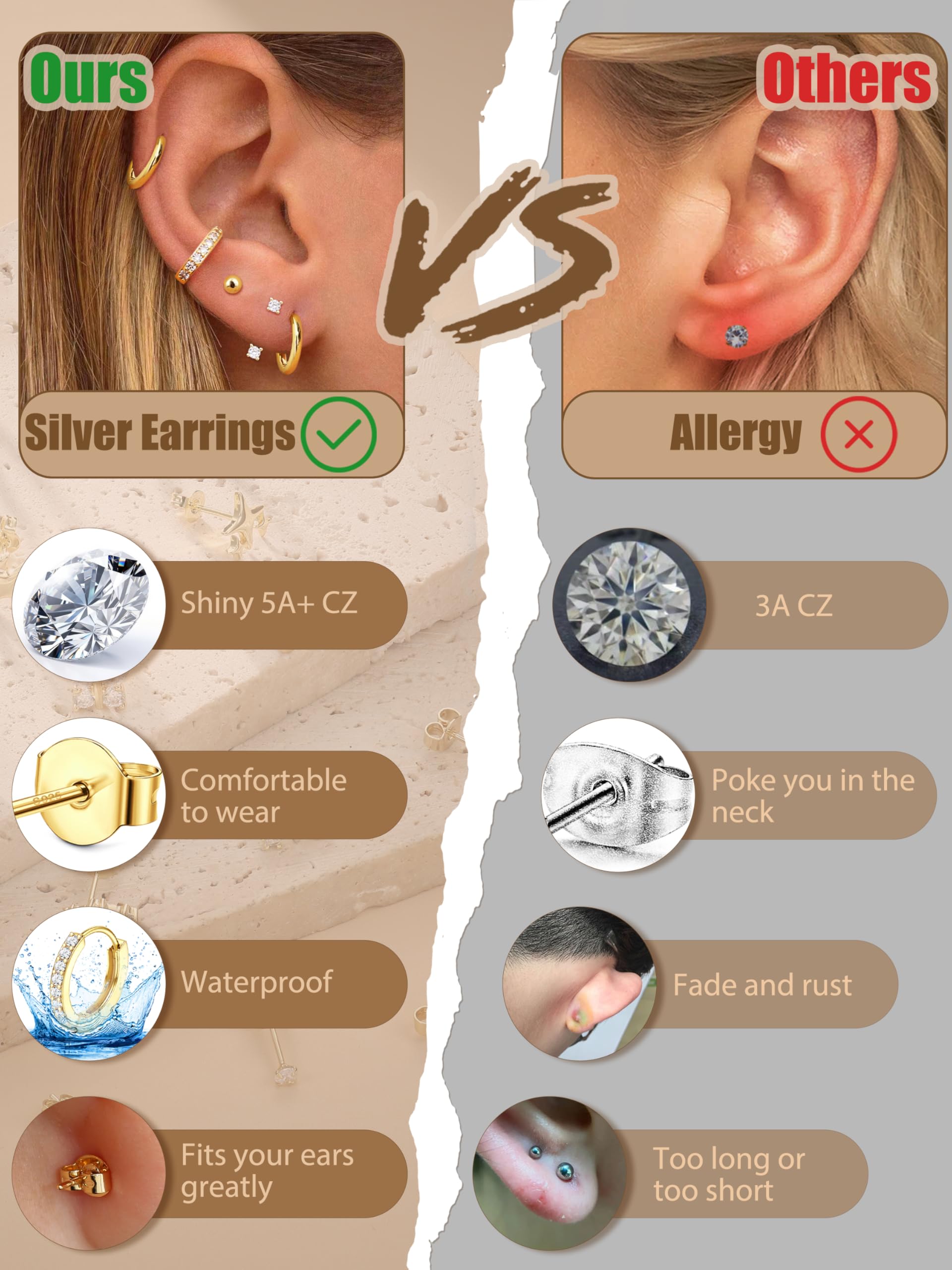 Aretes de plata de ley para mujer, hipoalergénicos para múltiples piercings, delicados aretes chapados en oro de 14 quilates, juego de aretes pequeños de plata, Plata de ley, No es una piedra 5