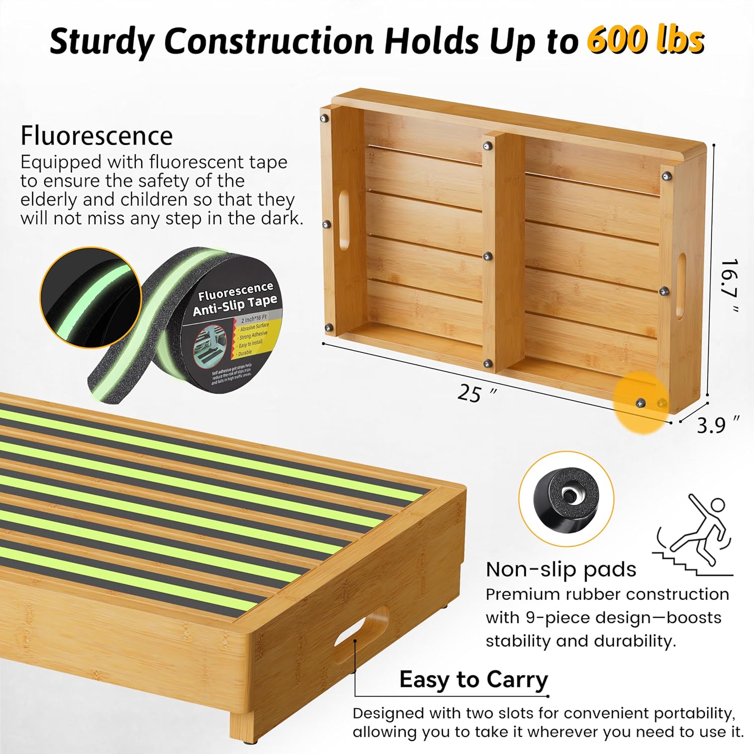 Homerays One Step Stool for Elderly,Bamboo High Riser Step Stool for Bed with Fluorescent Function No Assembly Required - 550 Lbs Wooden Mobility Stepping Stool for Bedside,Bathroom,Garden Bamboo 3.5" High