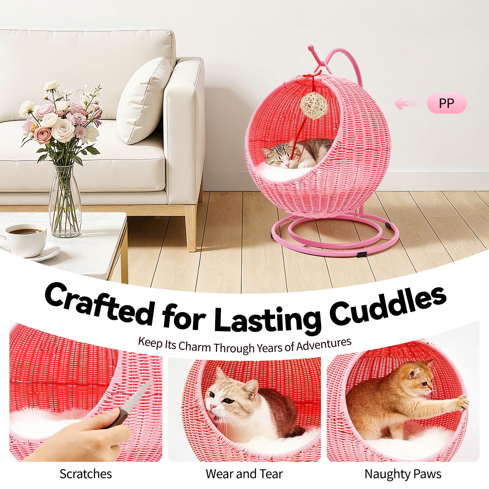Cuccia per gatti con cuscino morbido + palla da gioco per gatti + tavola tiragraffi per gatti in rattan sintetico PP uso domestico portata 7,5 kg (rosa)
