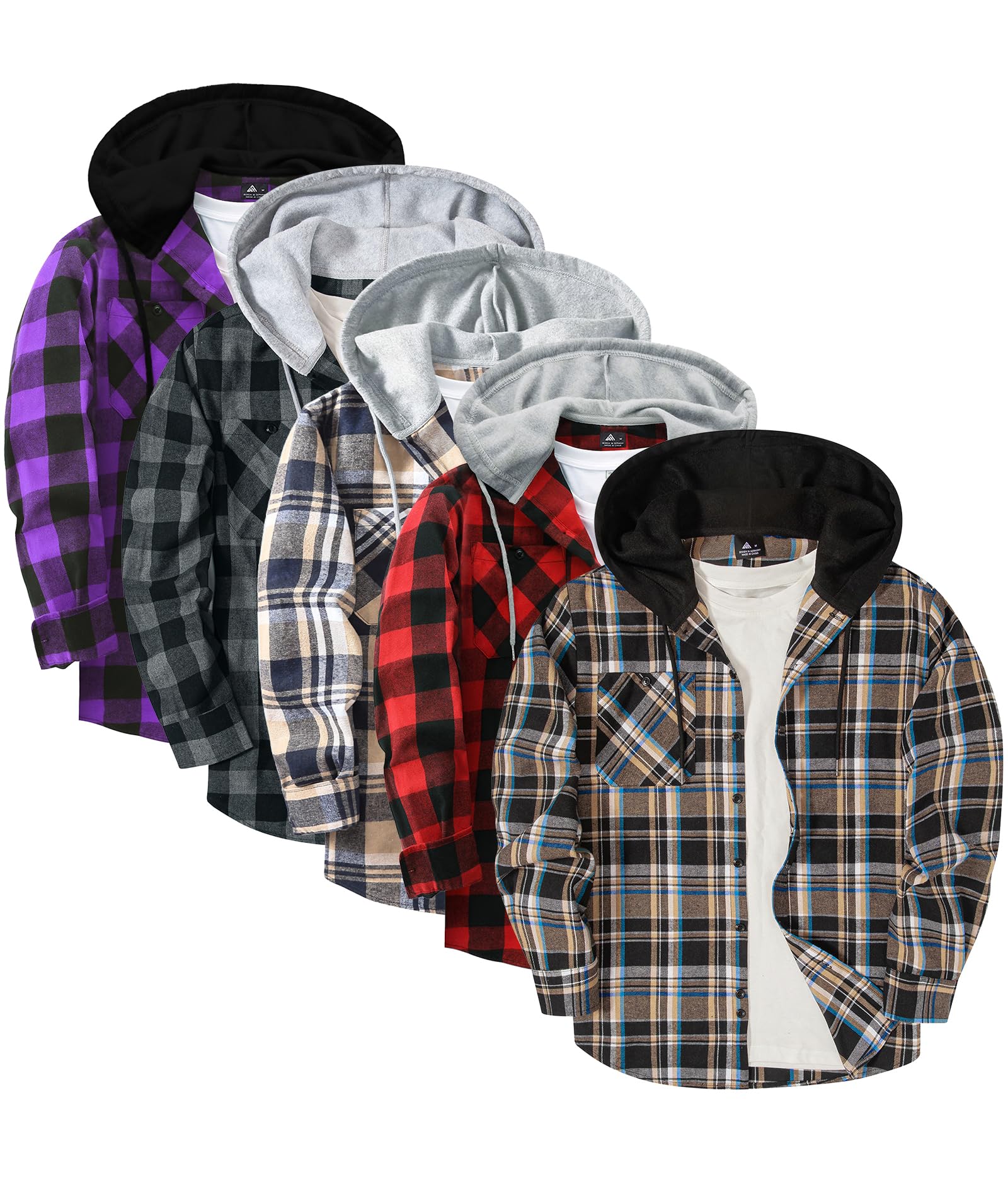 ZITY 5 Pack Men's Flannel Hoodie Shirts Button Down Long Sleeve Casual Stylish Plaid Hooded Shirt with Pocket