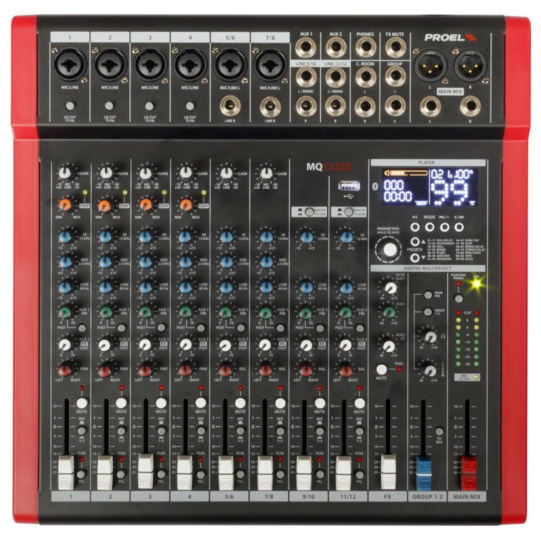 Proel MQ1222X - Mixer Professionale a 12 ingressi con 6 PreAmp Microfonici HQ + 99 FX + modulo Bluetooth/USB per Canto, Live e Karaoke.