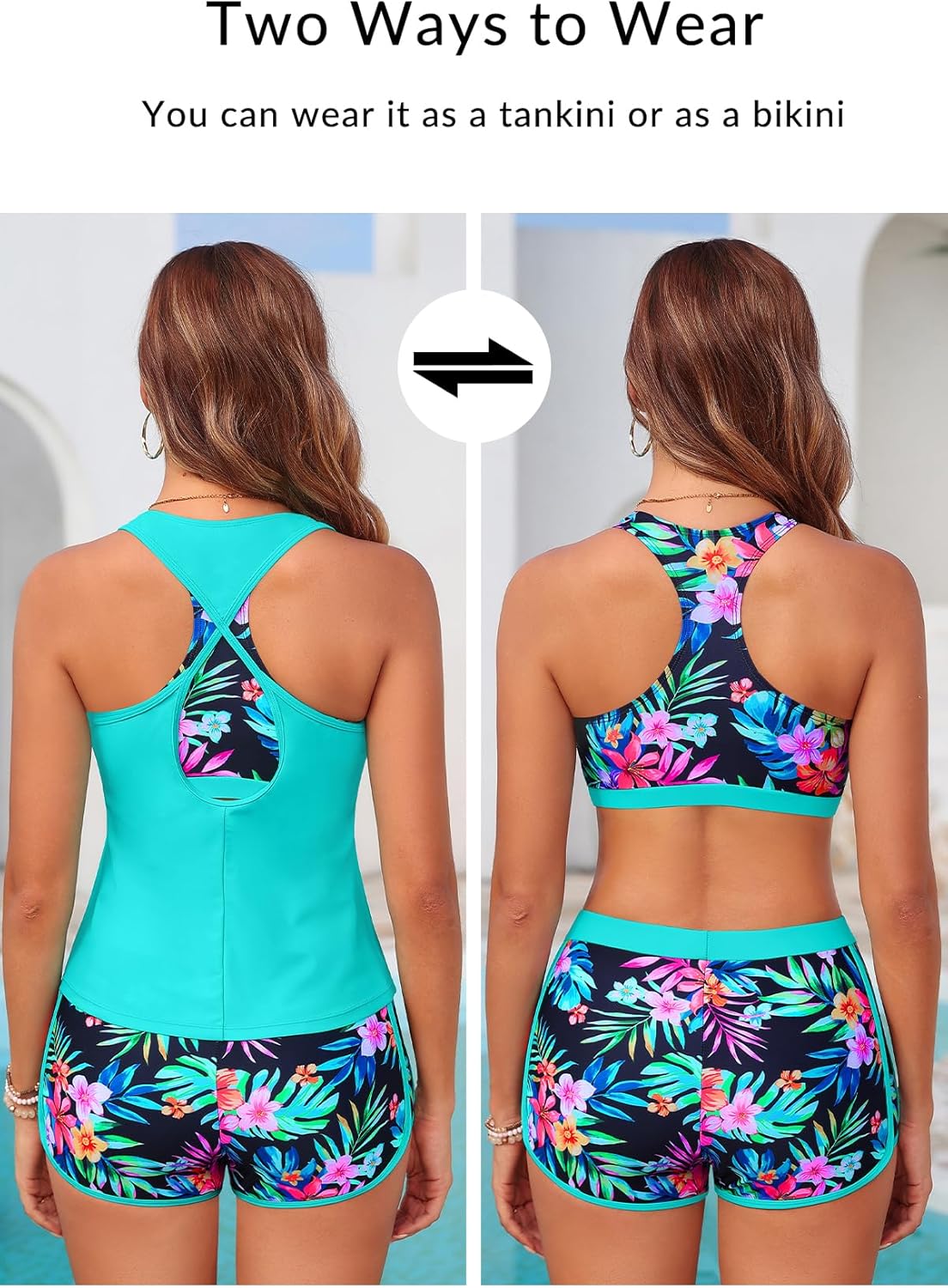 Yonique 3 Piece Athletic Tankini Swimsuits for Women with Shorts Swim Tank Tops with Sports Bra and Boyshorts Bathing Suits