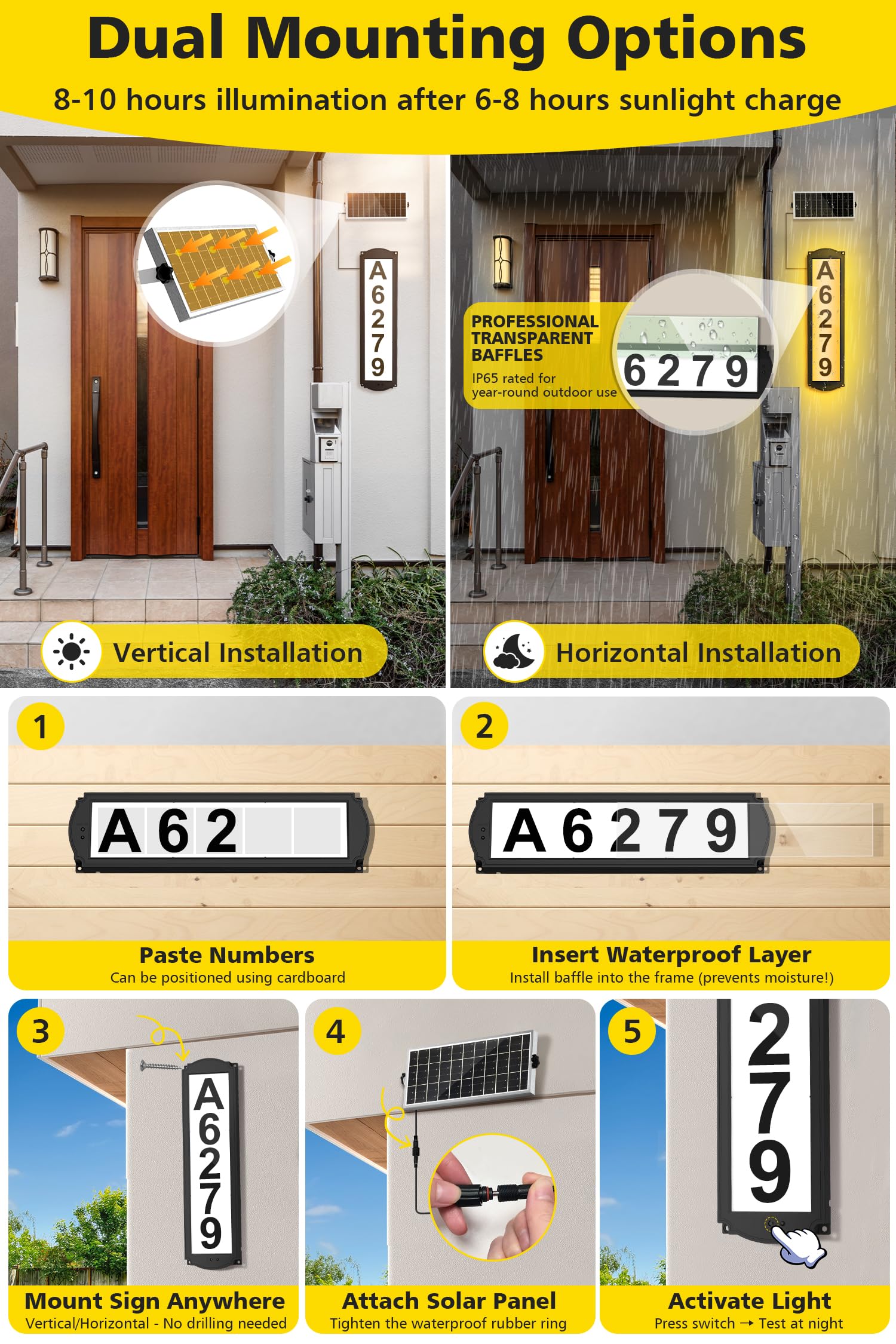 T-SUN Segnaletica solare per cortile, numeri civici a LED per esterni, impermeabile IP65, targa per casa con 3 luci – Indicatori di indirizzi illuminati per vialetto, casa e strada