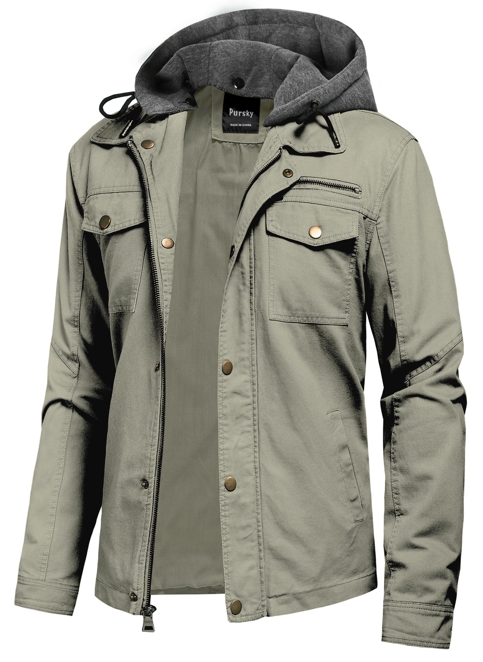 Pursky Men's Canvas Cotton Military Casual Field Jacket Outerwear With Removable Hood