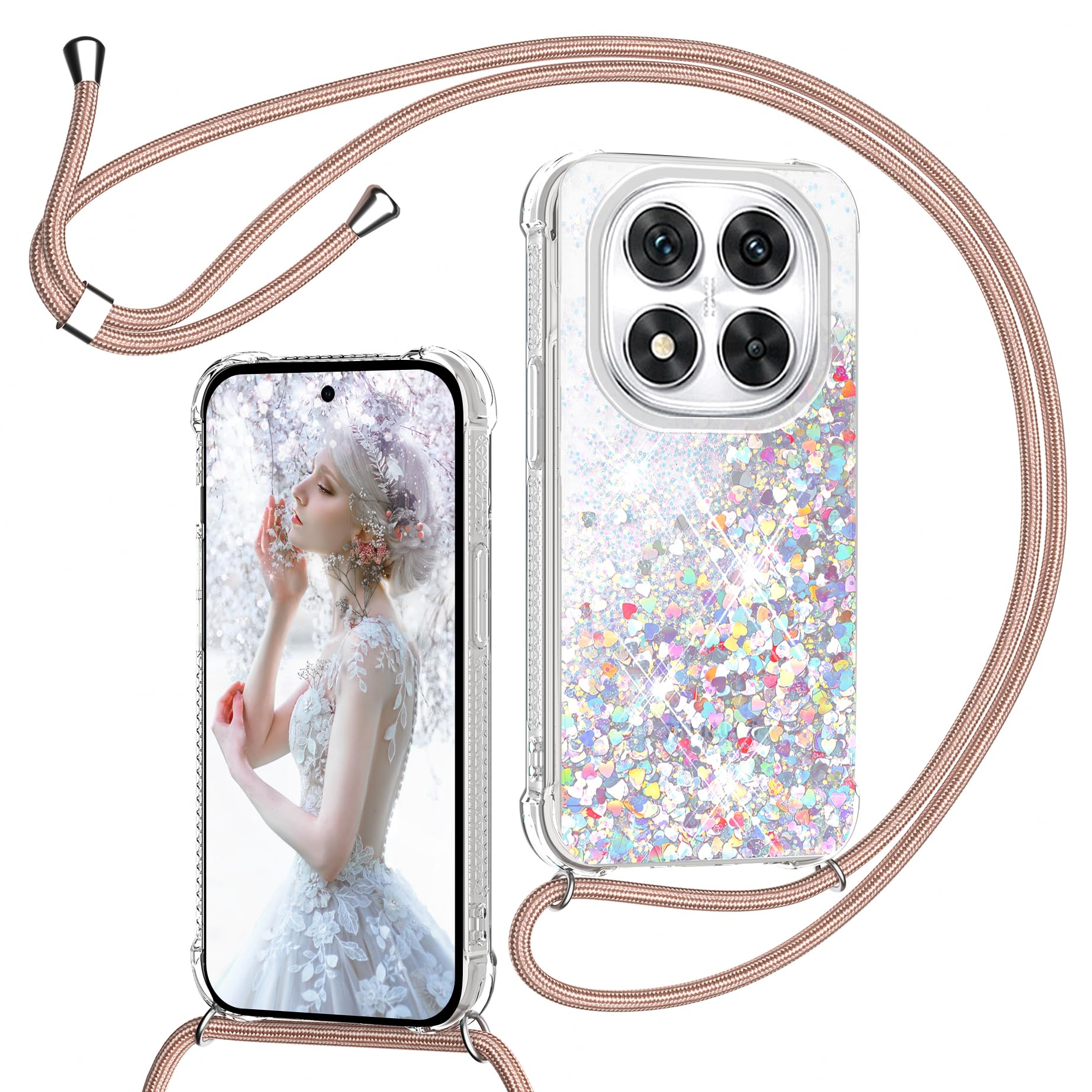 Coque Xiaomi Redmi Note 14 Pro Plus 5G Avec Support Anneau 360° Et Cordon - Étui Silicone TPU Anti-choc, Couleur Rose - Protection Complète Et Design Mignon - 2