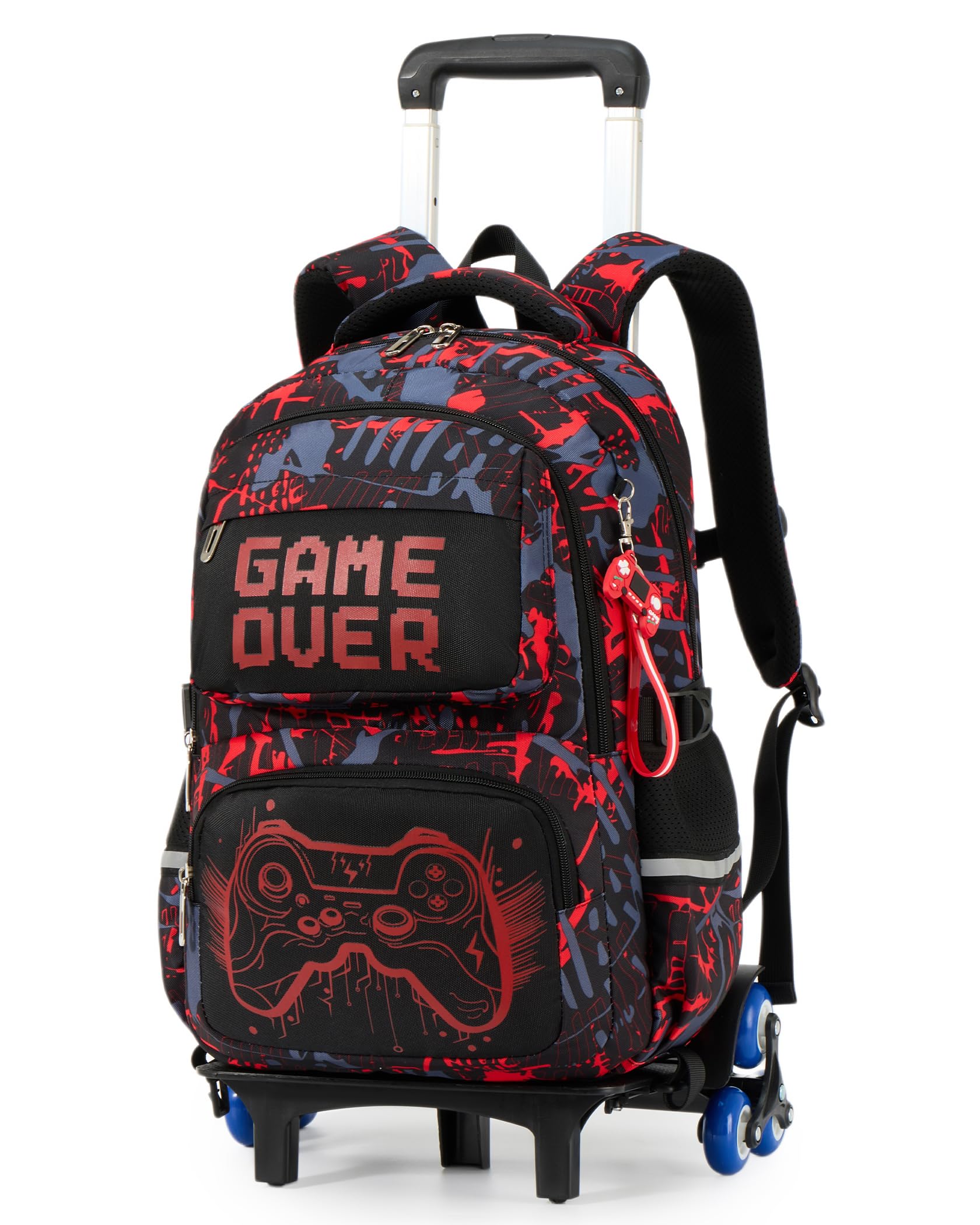 Amythe Trolley-Rucksack Jungen Kinder 8-12 Jahre mit 6 Räder, Blau | Nachtleuchtend Wasserdicht Reflektierend Leicht Blau Daypack Multitasche Geräumig Robust für Schule Reisen Wandern Freizeit