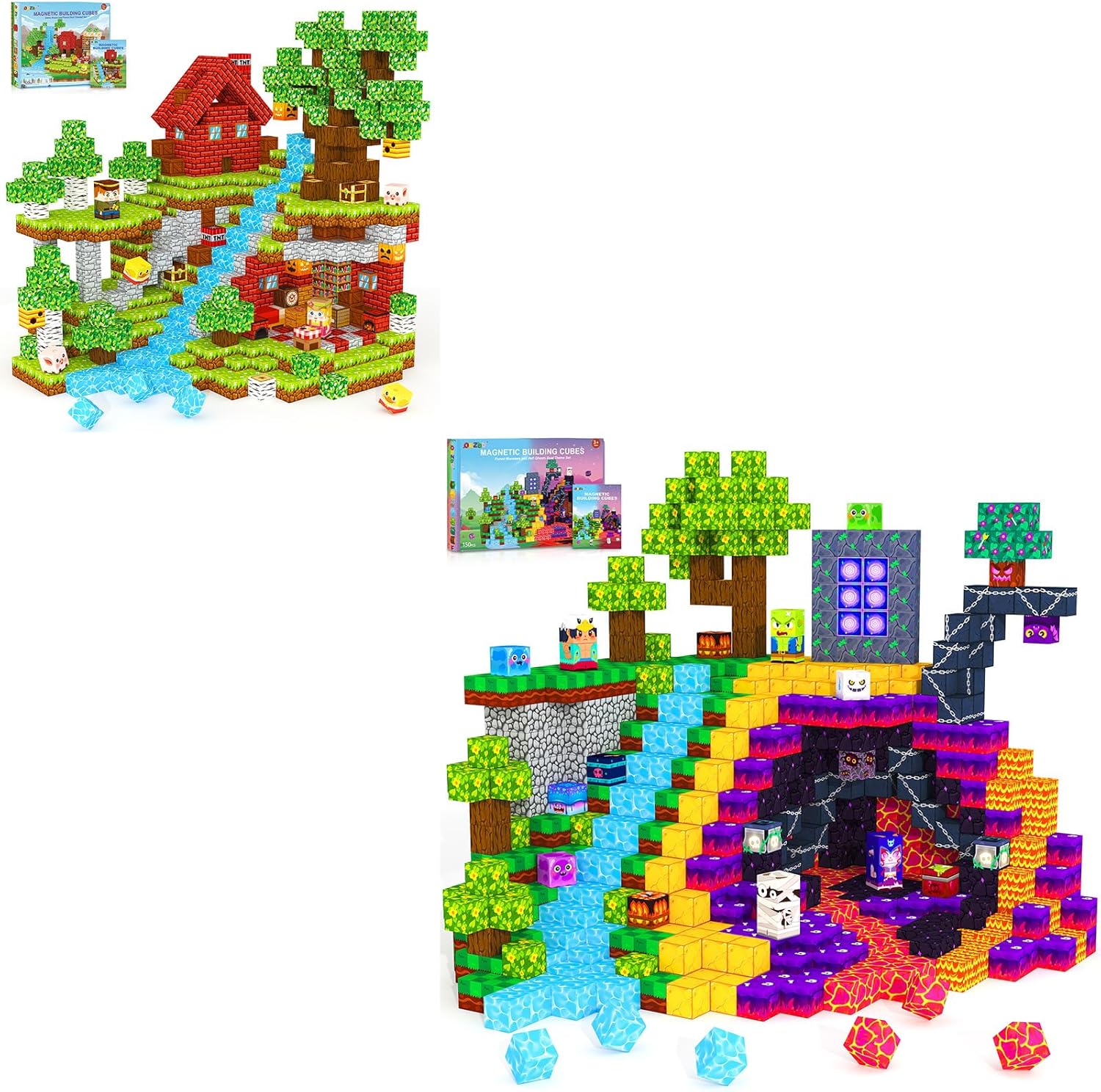 Magnetic Blocks Set Features Dual Themes: Forest Teleport and Netherworld. Magnetic Blocks Set Features Dual Themes: Stone House and Forest.