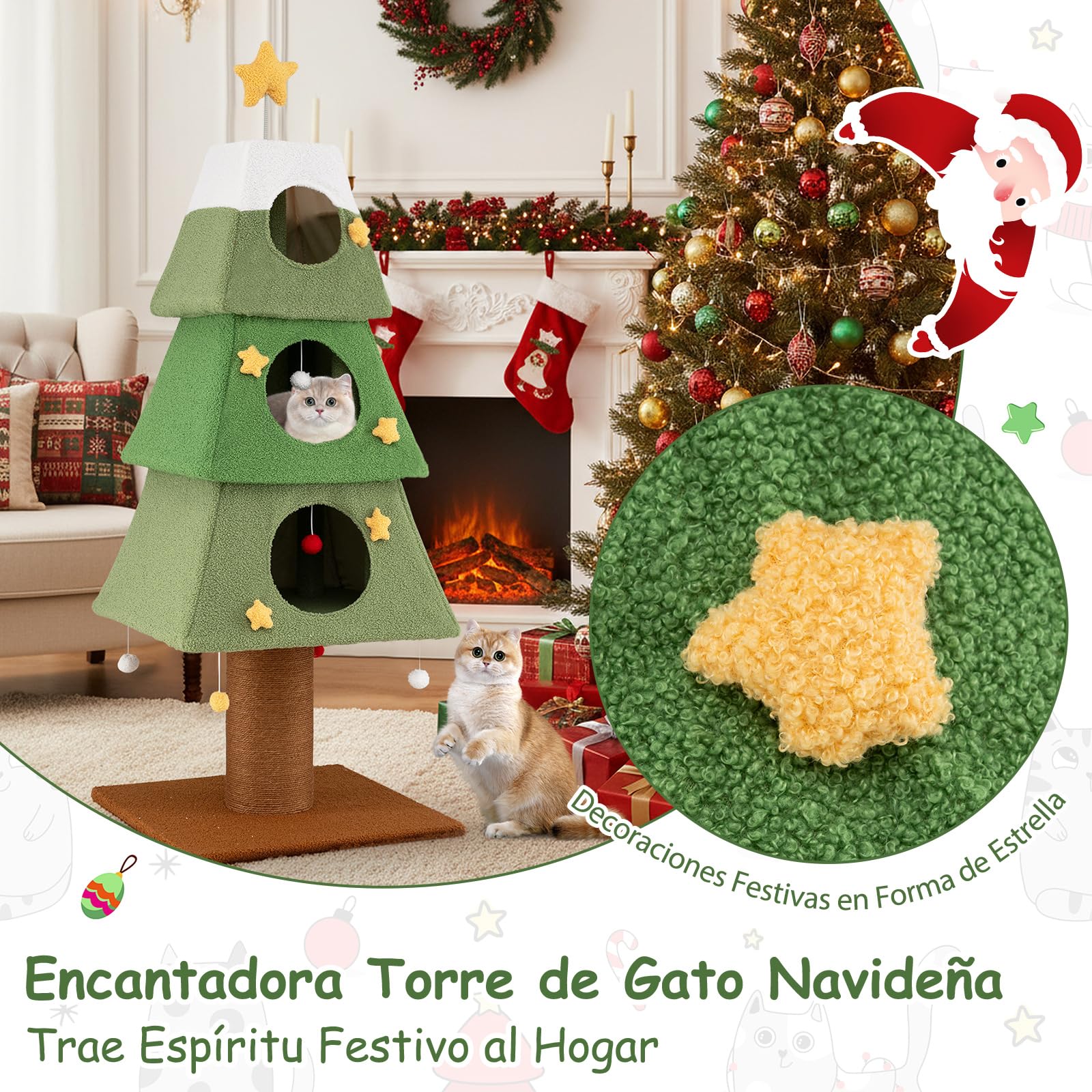 COSTWAY Árbol de Navidad para Gatos, 162 cm Torre para Gatos Navideño con 3 Condominios, Rascador de Sisal, Bolas Colgantes, Adorno de Estrella, Funda de Felpa Teddy Extraíble, Árbol Rascador Gato