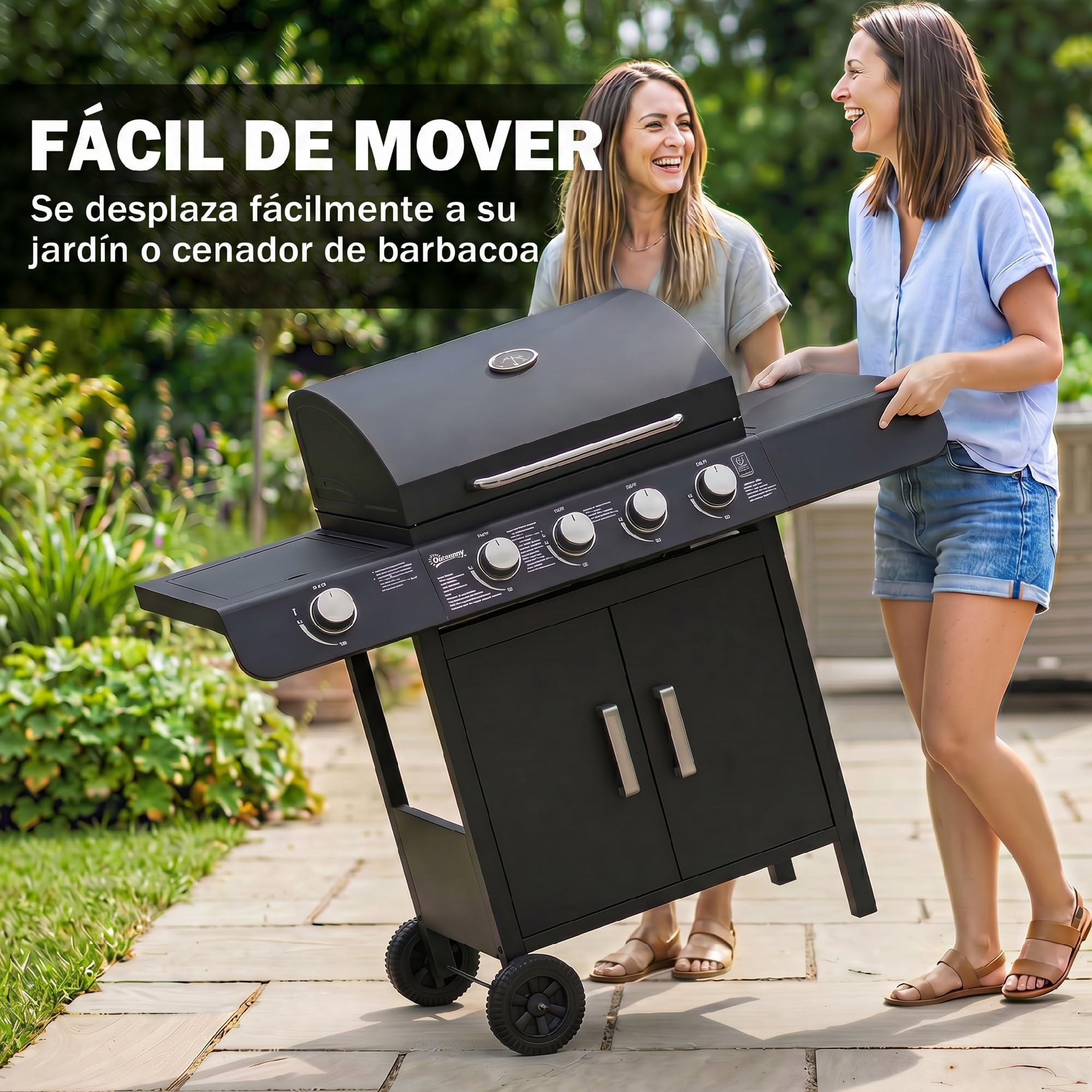 Outsunny Barbacoa de Gas con 4+1 Quemadores 14,4 KW Mesas Laterales Armario de Almacenaje Termómetro y 2 Ruedas Acero Inoxidable BBQ 125x51x100 cm Negro