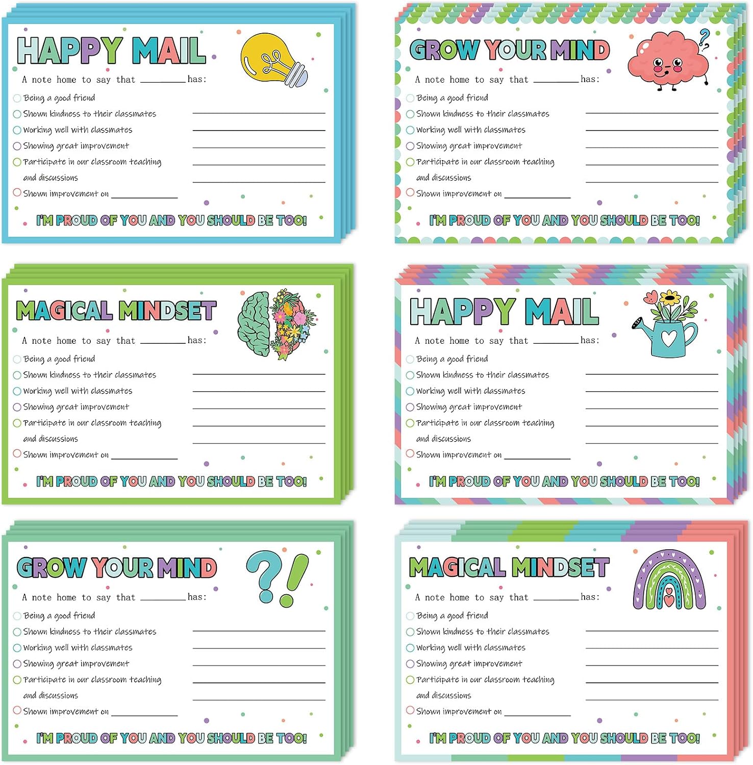 Naozinebi 60Pcs Happy Mail Teacher Notes to Parents Classroom Good Behavior Incentive Motivational Cards Growth Mindset Positive Postcards to Send Home for Kindergarten Elementary School