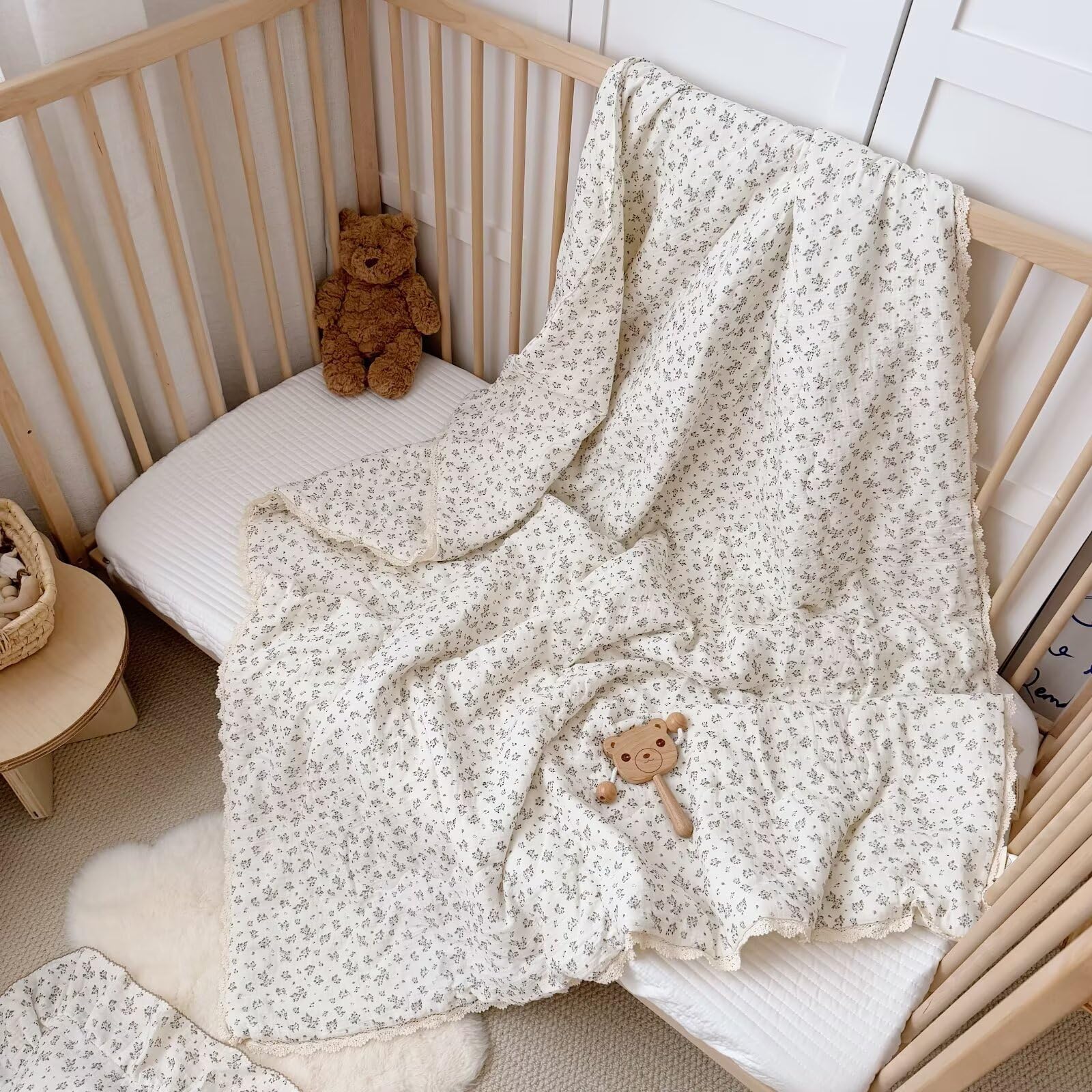 BuLuTu Chic Shabby Floral Toddler Quilt 100% Cotton Muslin Quitled Blanket Girls Boys Comforter with Lace Edges, Crib/Toddler Bed Blankets, Plumbago Flower Print, 47x59 Inches, No Pillow