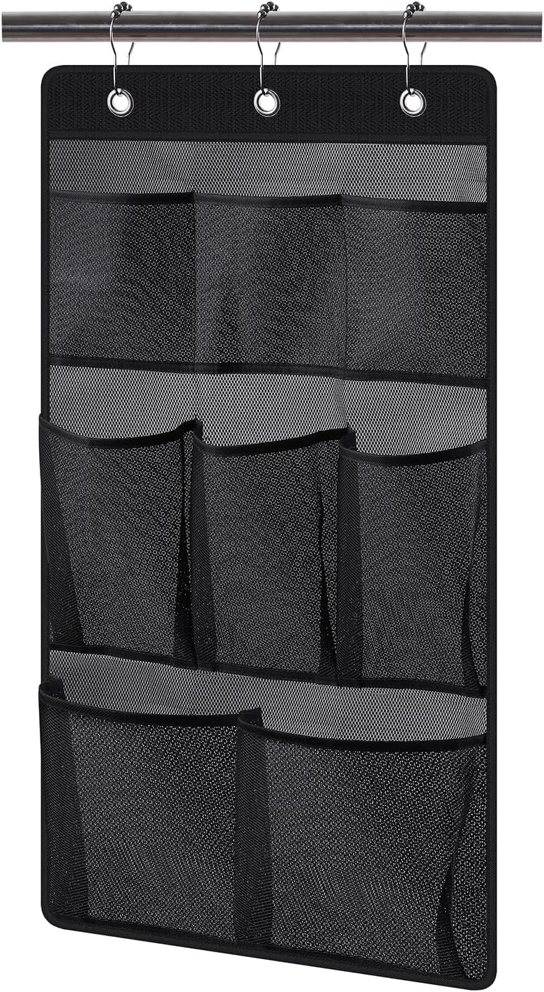 KIMBORA Mesh Shower Caddy Hanging Bathroom Organizer Storage with 2 Large Pockets 3 Rings Hang Curtain Rod for Dorm Cruise RV, Black