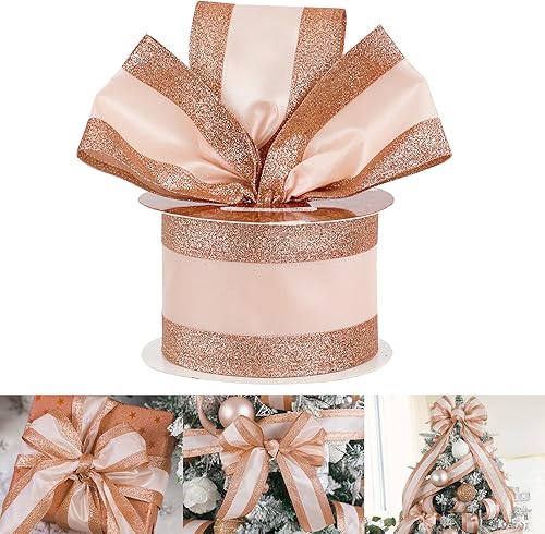 HUIHUANG Cinta de satén con alambre de oro rosa con bordes de rayas con purpurina de 2.5 pulgadas, cinta de Navidad de oro rosa para árbol,