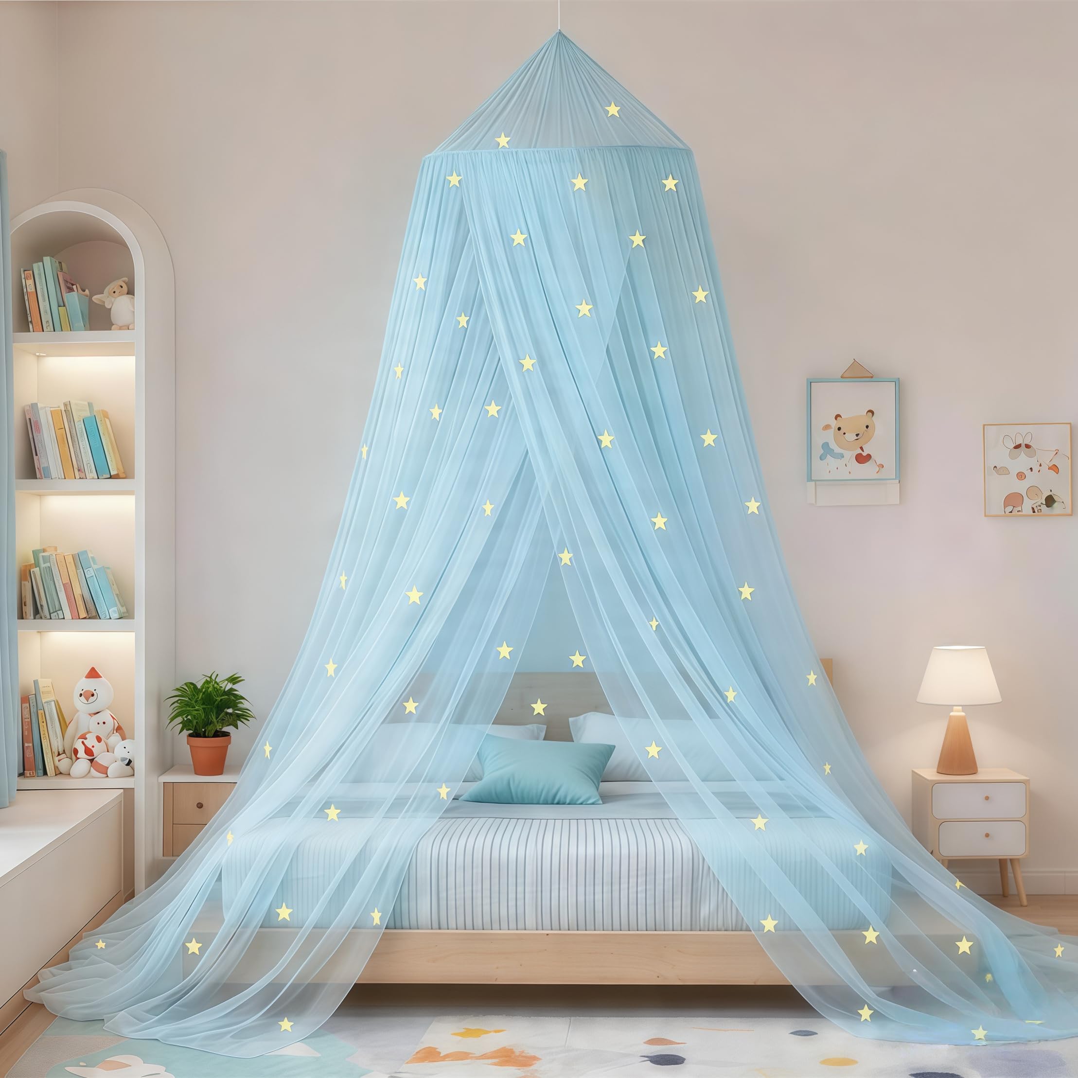 Eimilaly Girls Star Blue Stars Bed Canopy Glow In The Dark, Bed Canopy For Mosquito Net, Princess Canopy For Bed Room Decor, Blue
