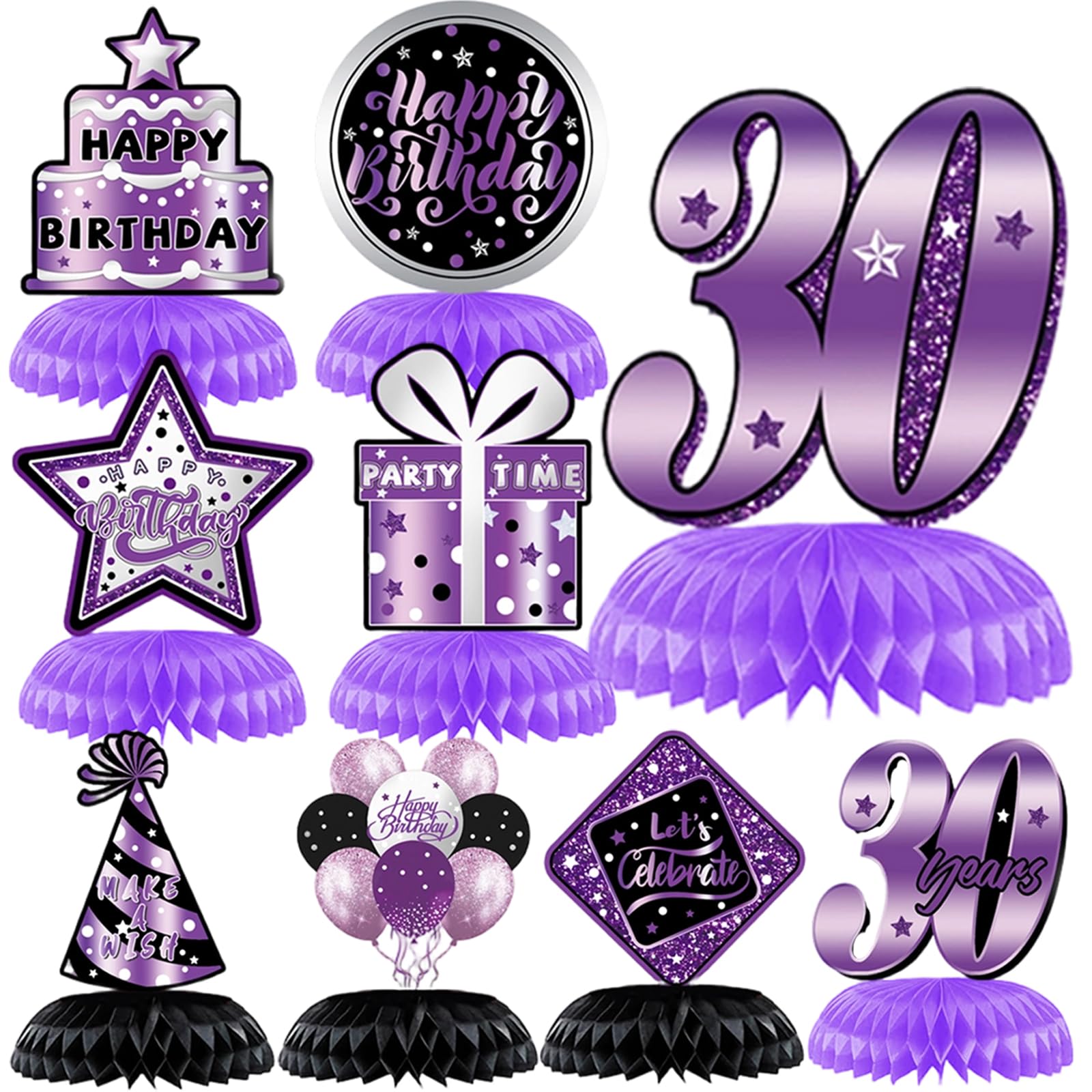 30th Birthday Decorations, 9pcs Black and Purple Honeycomb Centerpieces Table Decorations Reusable Table Toppers Happy 30th Birthday Table Decorations for Women Men