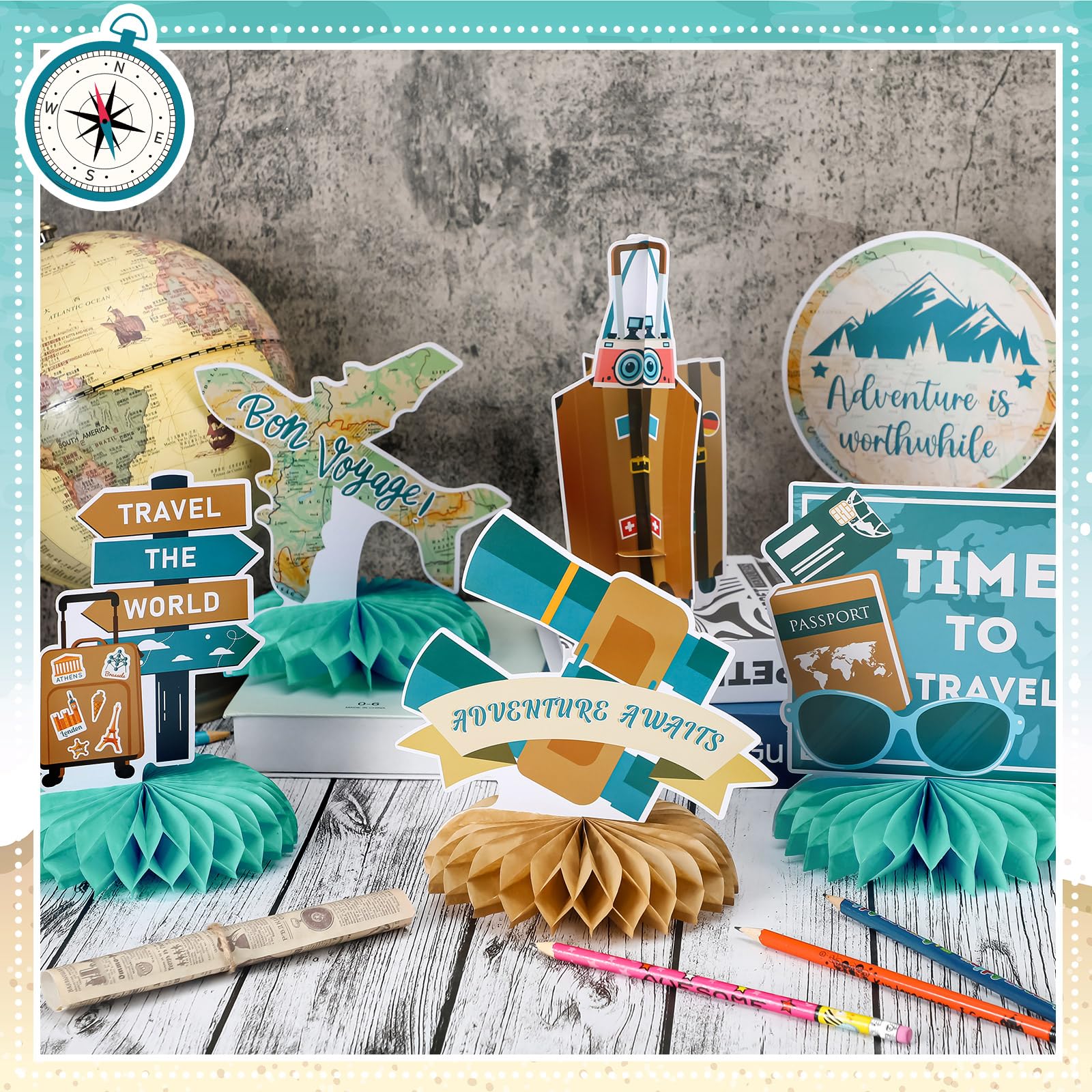 HOMICO Lot de 9 décorations de fête sur le thème du voyage en nid d'abeille, décorations de fête d'aventure autour du monde, décorations de table de voyage pour fête prénatale, départ à