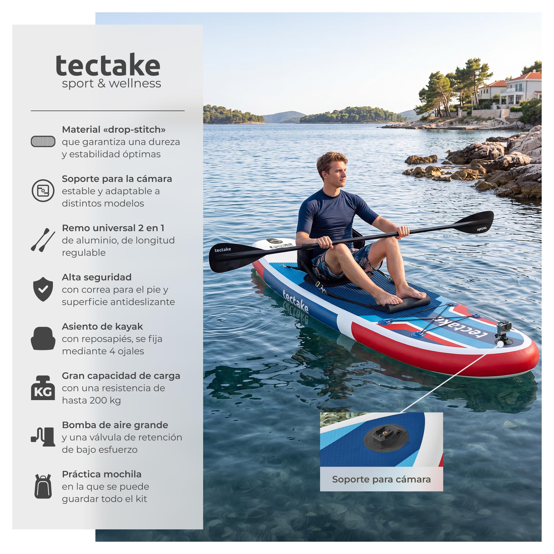 tectake® Tabla Paddle Surf Hinchable, 200 kg, Asiento Kayak, Soporte Cámara | Asiento de Kayak, Capacidad 200 kg, Antideslizante, Drop-Stitch, 288 cm, Resistente, Ligero, Remo Ajustable, SUP, Rojo/Azul