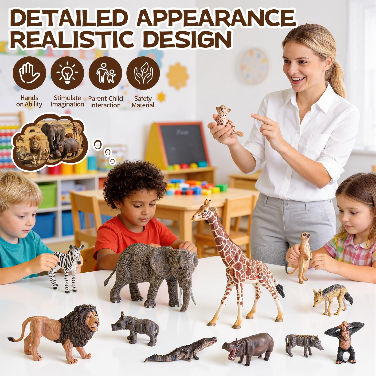 Juego de 12 cifras de animales de safari, cifras realistas de animales salvajes africanos, juguetes educativos de animales zoológicos, recuerdos de fiesta, accesorios de aula, adornos de