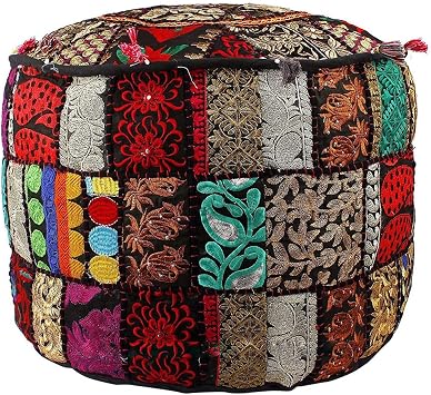 Indian Pouf Footstool Ethnic Embroidered Pouf Cover, Indian Cotton Round Pouffe Ottoman Pouf Cover Pillow Ethnic Decor Art - Cover Only (Black, 22x14)