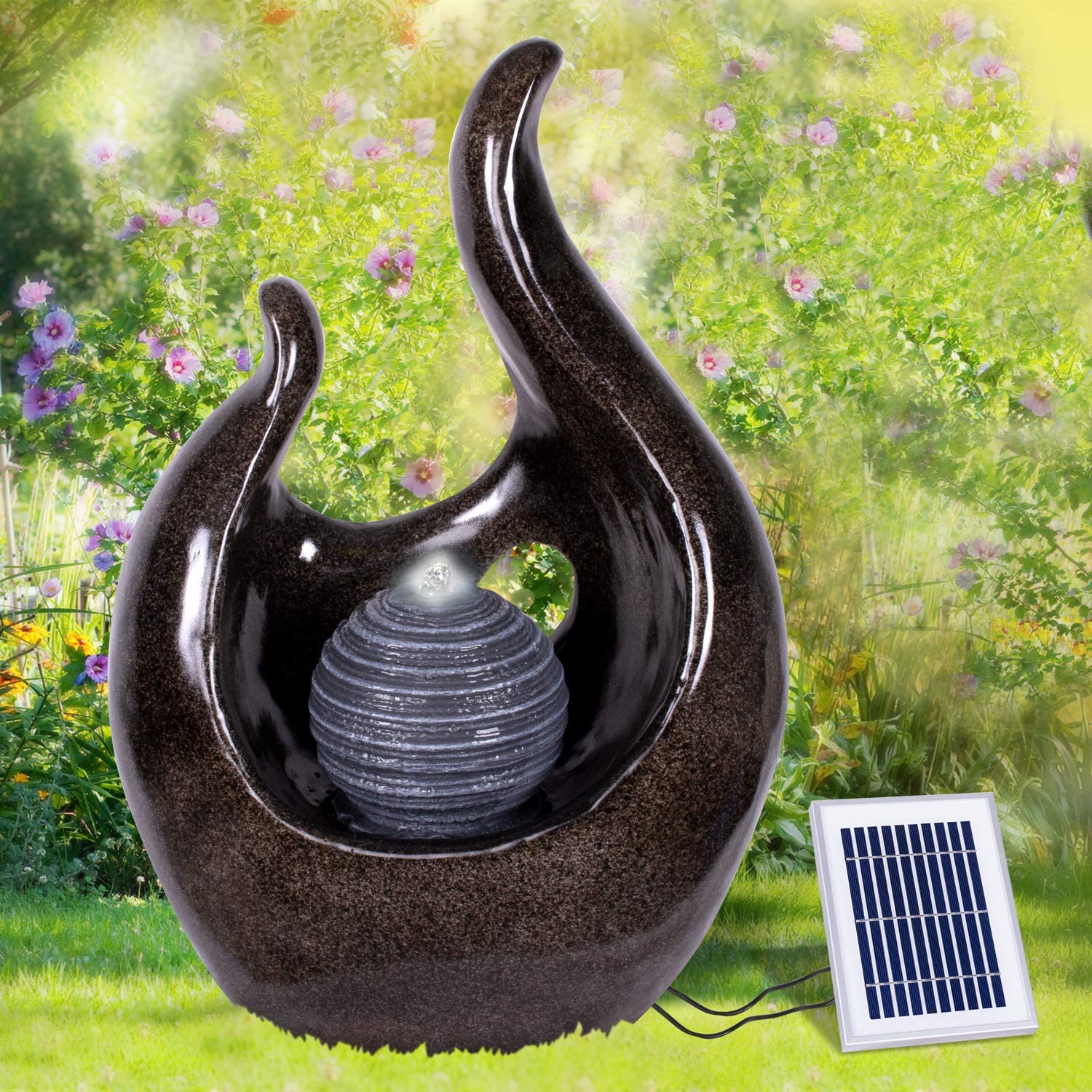 Gartenbrunnen Solarbrunnen Brunnen Vogelbad Wasserfall, Gartendeko mit Pumpe, Wasserspiel für Garten Terrasse, Balkon, Sehr Dekorativ, Led-Licht-Gartenleuchte