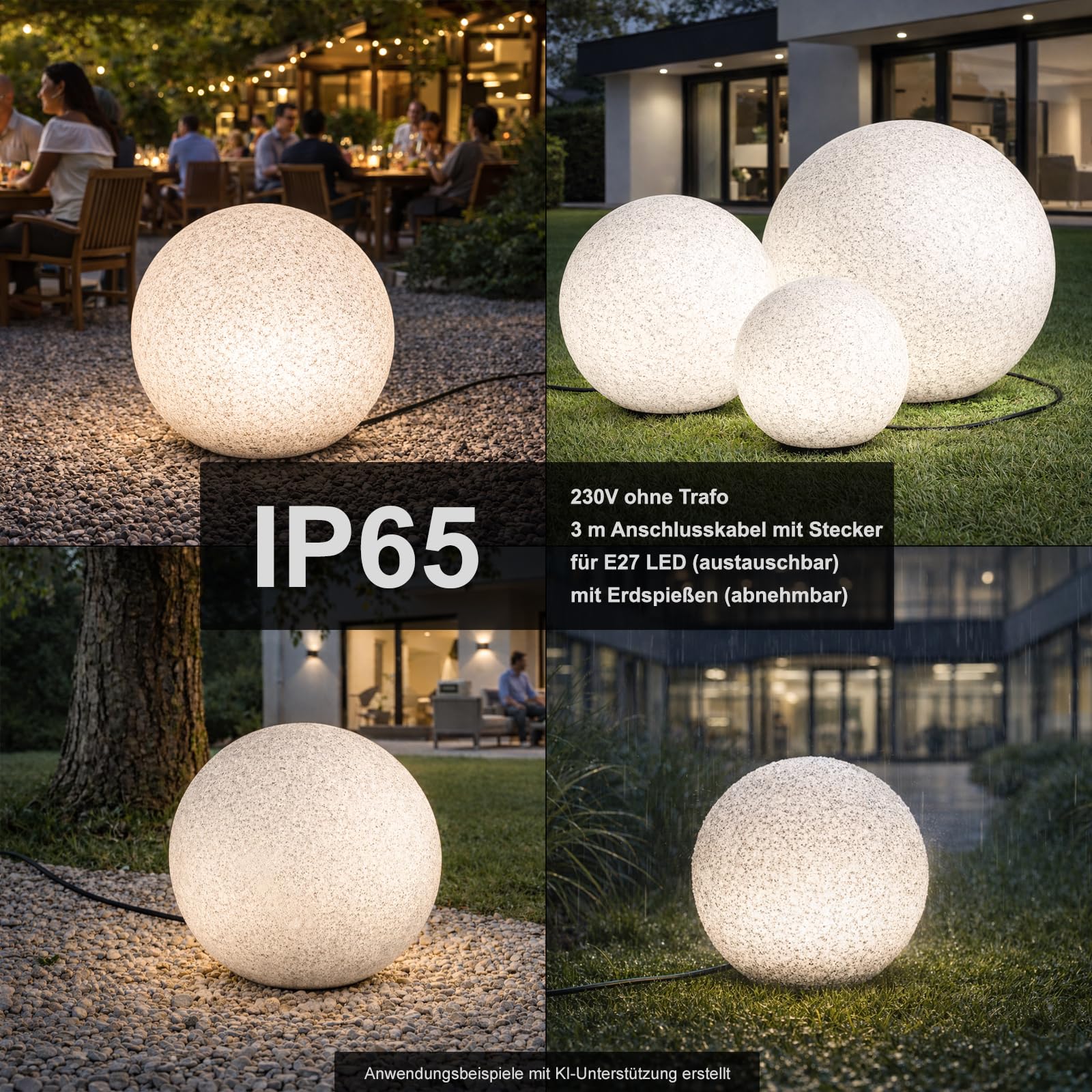 trendlights24 Stone IP65 Kugelleuchte für Garten - 3er Set 20+30+40 cm Kugel Außenleuchte Naturstein Optik E27 230V - mit LED 9W - Erdspieße - außen