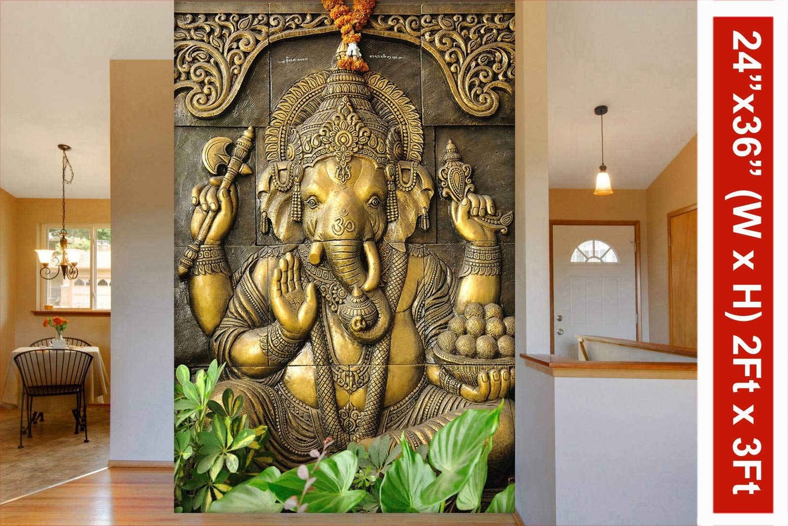 999Store 3D Print Latest Door Living room Bed Room Home Hall wall stickers Sheet roll 3d ganesha wallpapers for walls Golden Lord Ganesha Mural wallpapers for walls ( Vinyl Self Adhesive 24X36 Inches ) NonW230896