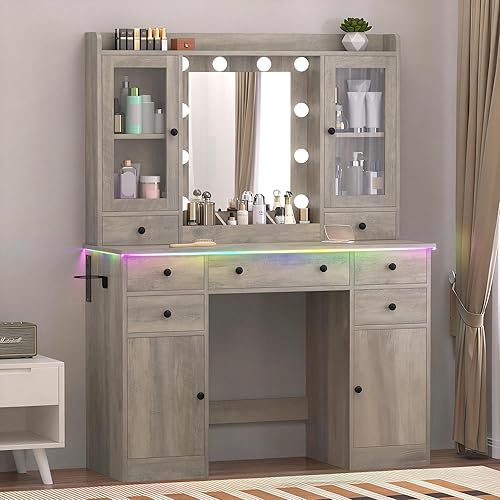 Miniatura 22 de Tocador de maquillaje negro con espejo y luces, mesa de tocador moderna con estación de carga, 7 cajones, gabinete de vidrio, estanterías y taburete