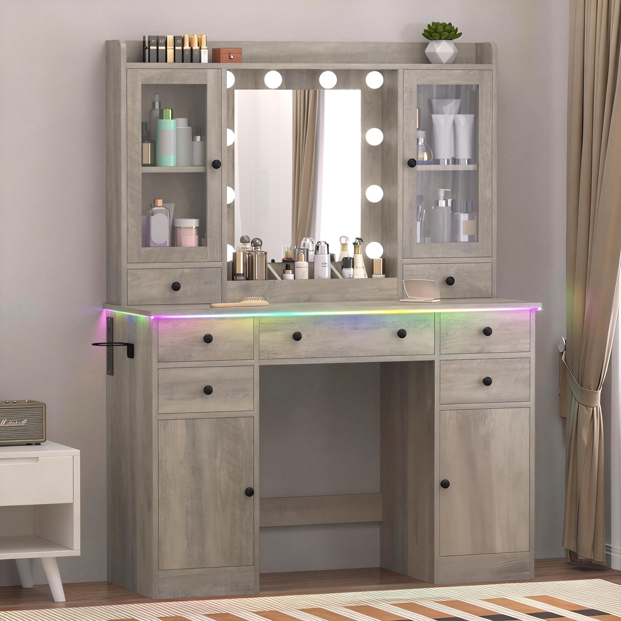 Wodeer Vanity Desk with Mirror and Lights, 43" Grey Makeup Vanity Set with 5 Drawers &amp; Glass Cabinets, Makeup Tray, Power Outlet &amp; Adjustable LED Lights, Dressing Table for Women &amp; Girls Bedroom