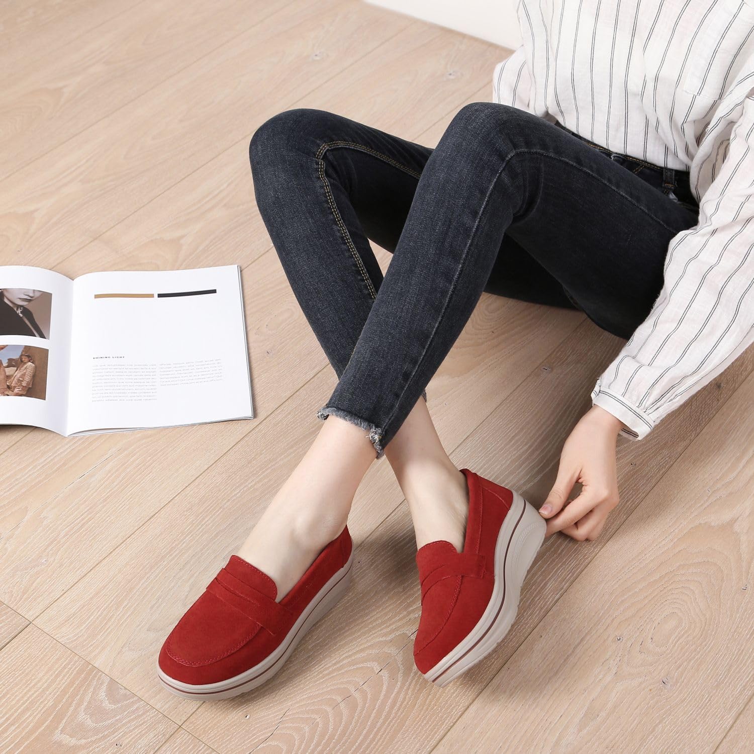 Veroders Women's Suede Platform Loafers Slip-On Comfortable Penny Wedge Loafers Thick Soft Walking Shoes for Dressy Casual Work - Image 6