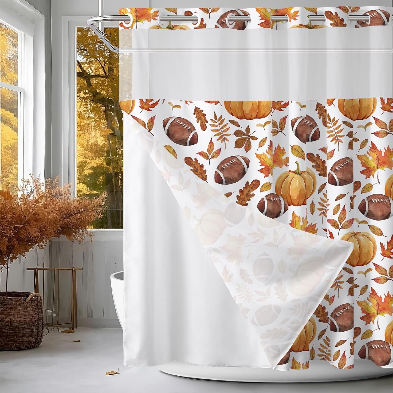 APROPHIC No Hook Pumpkin Shower Curtain Set with Liner,Fall Leaves American Football Rugby Shower Curtain for Bathroom,Thanksgiving Autumn Bathroom Decor See Through Top Window Double Layers 71x74 in