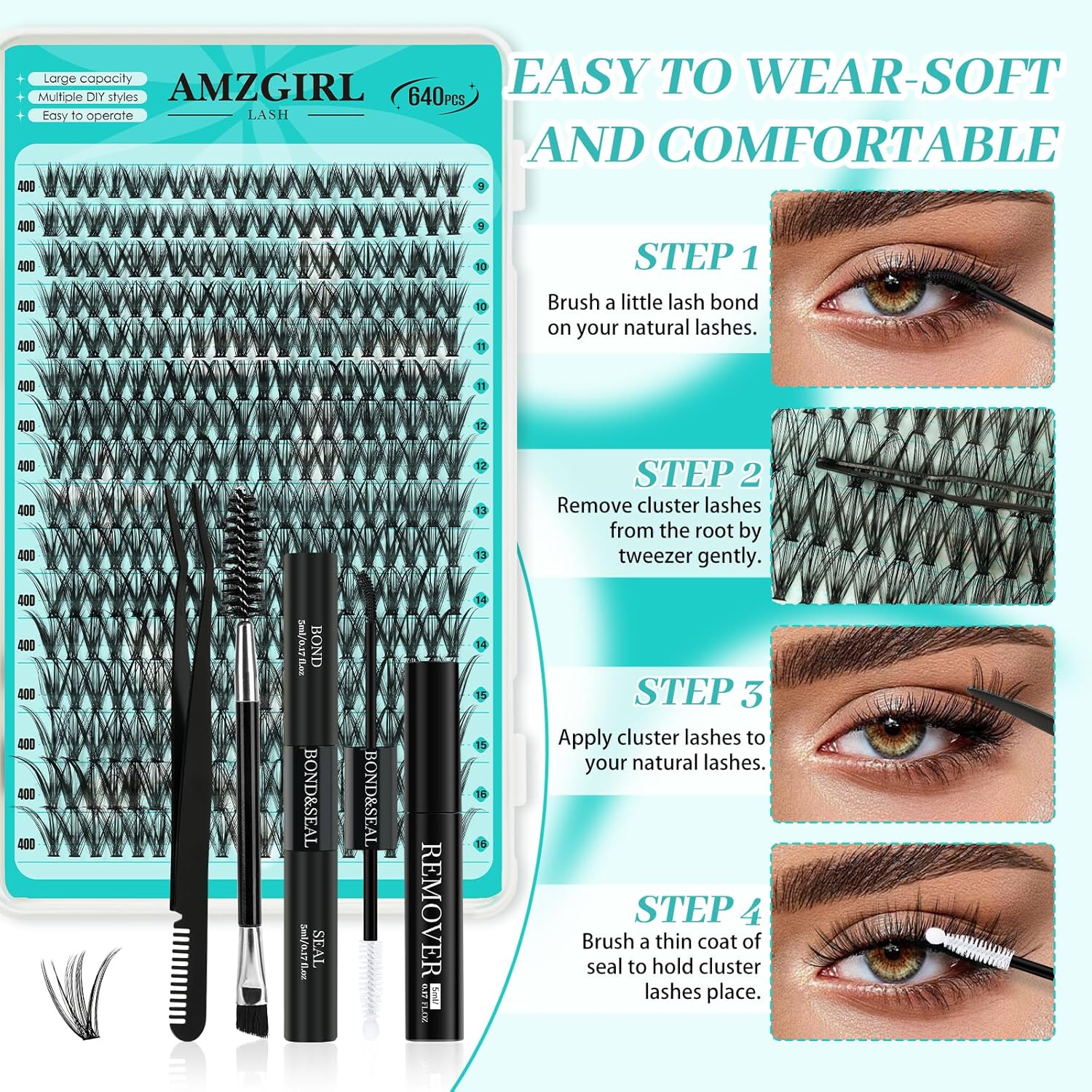 Lash Clusters Kit 640Pcs, 30D+40D Eyelash Extension Kit, Lash Bond and Seal Waterproof, Lash Remover, Lash Applicator Tool and Function Brush for DIY Eyelash Cluster Kit(D-Mix9-16mm Kit)