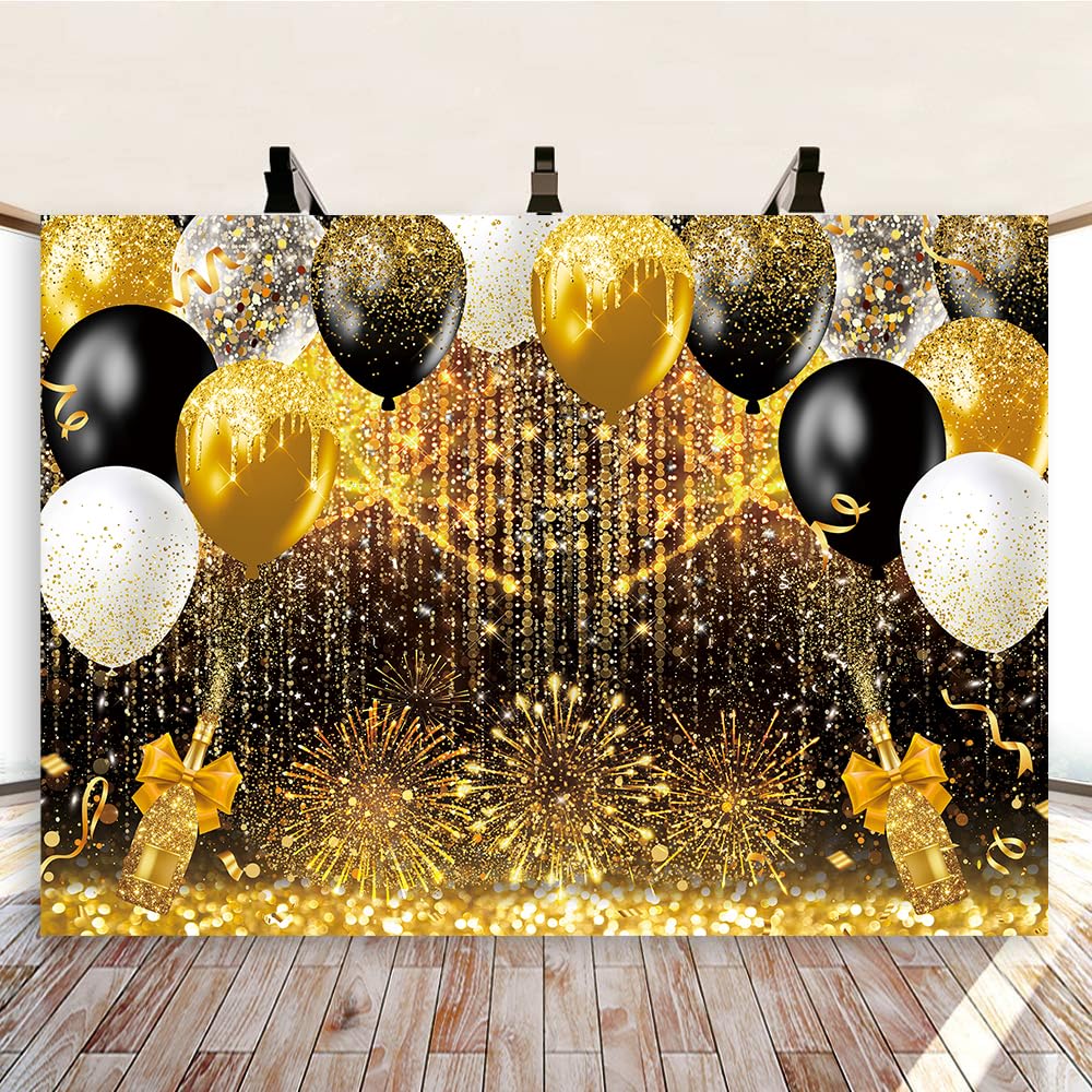 Sfondo fotografico con palloncini oro nero e oro glitterato a pois bokeh, sfondo fotografico per compleanno, matrimonio, Capodanno, feste, sfondo sfondo (nero oro, 240 x 180 cm)