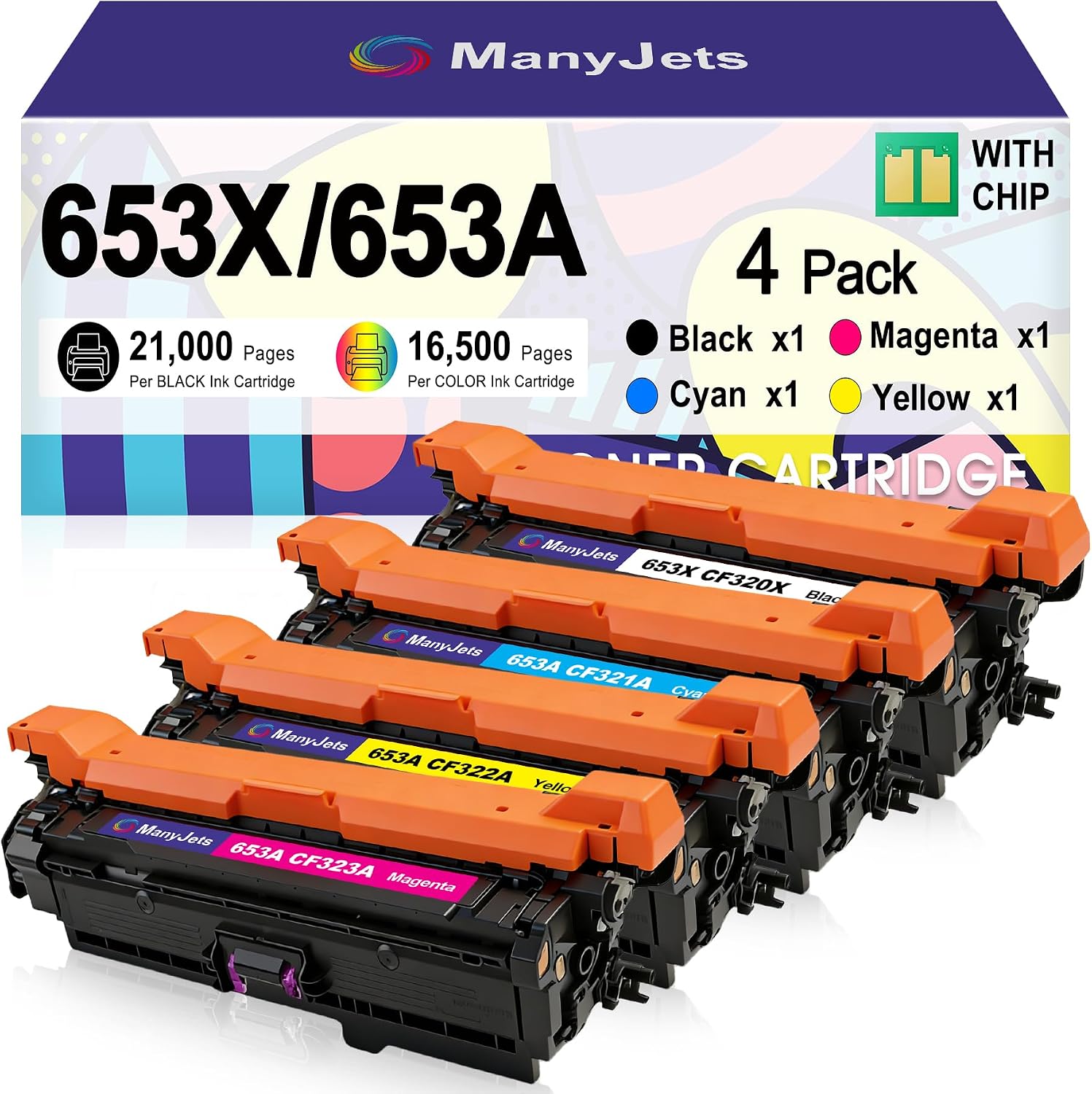 653X 653A Toner Cartridge Set 4-Pack High Yield Compatible for 653X CF320X CF321A CF322A 653A Replacement for HP Color LaserJet Enterprise Flow MFP M680z M680dn M680f Printers Ink (BK/C/M/Y)