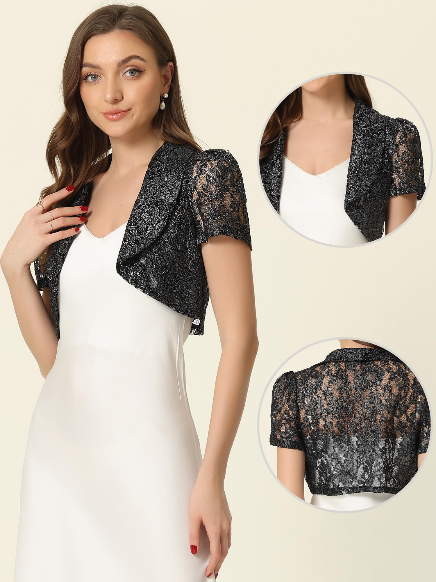 Allegra K Boléro élégant en dentelle florale pour femme - Pour le travail, les invités de mariage, noir, X-Large