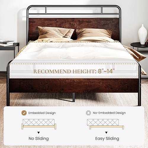 Miniatura 8 de SHA CERLIN Queen Size Bed Frame with Wooden Headboard and Footboard, Rounded Corner Metal Structure, Heavy Duty Slats with Under-Bed Storage, No Box