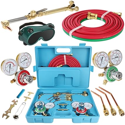 Cutting Welding Torch Kit Oxygen & Acetylene Gas Portable Oxy Brazing Kit Professional Welder Tool Set With Two Hose, Regulator Gauges, Storage Case Blue