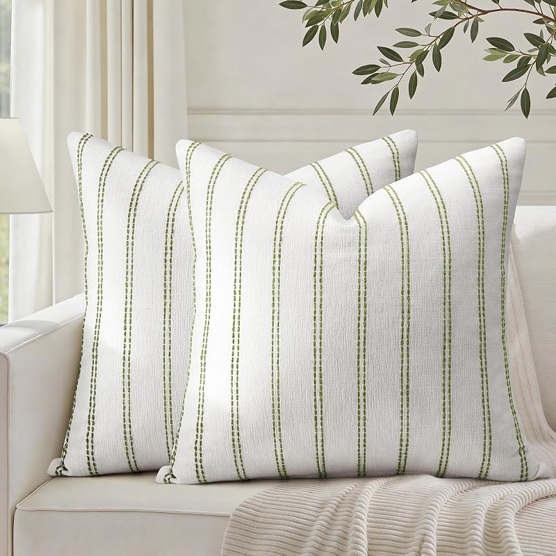 Decorative Sage Green Throw Pillow Covers 20x20 Set of 2 | Striped Textured，Farmhouse Pillow Covers, Soft Chenille Cushion Covers，for Couch Sofa Bed Home Decor