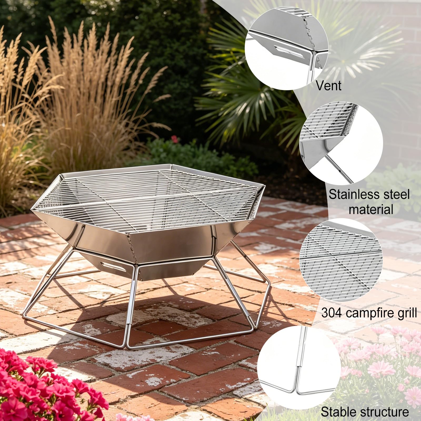 Tragbare Feuerstelle Edelstahl, Feuerschale mit Grillrost,Outdoor-BBQ | Feuerstelle Outdoor & Camping Grill, Camping Feuerschale für mit Grillplatte Schaschlikgrill Picknick,Grill AktivitäTen